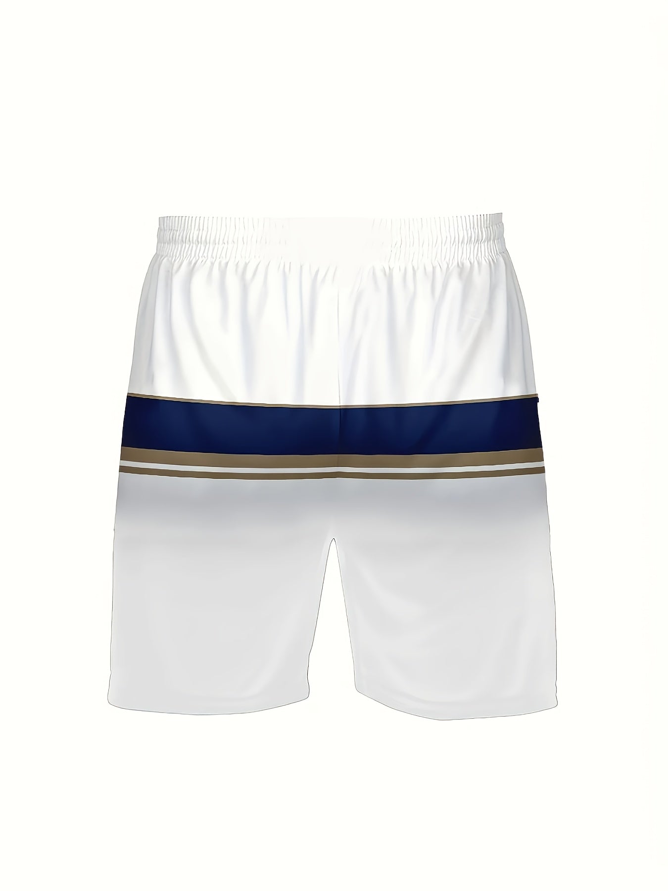 1 Set Of Men's Summer White Sports Casual Wear, Polyester Knitted Crew Neck T-shirt And Shorts Set, Breathable And Elastic, Sportswear, Striped, Suitable for Training And Leisure