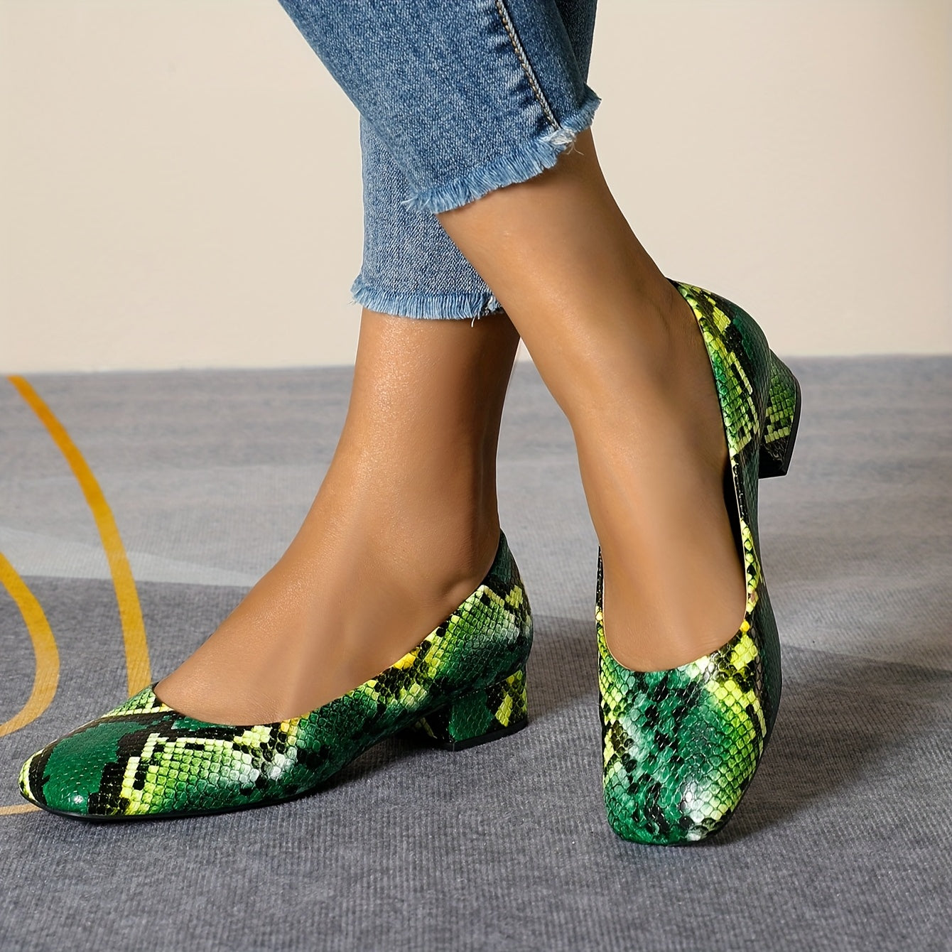 Women's Snake-Print Square Toe Low Block Heel Slip-On Shoes - Vibrant Green Faux Cover Comfortable Casual & Formal Dress Shoes with Non-Slip Rubber Sole, All-Season Versatile (Extended Sizes Available), Everyday Stylish Wear,