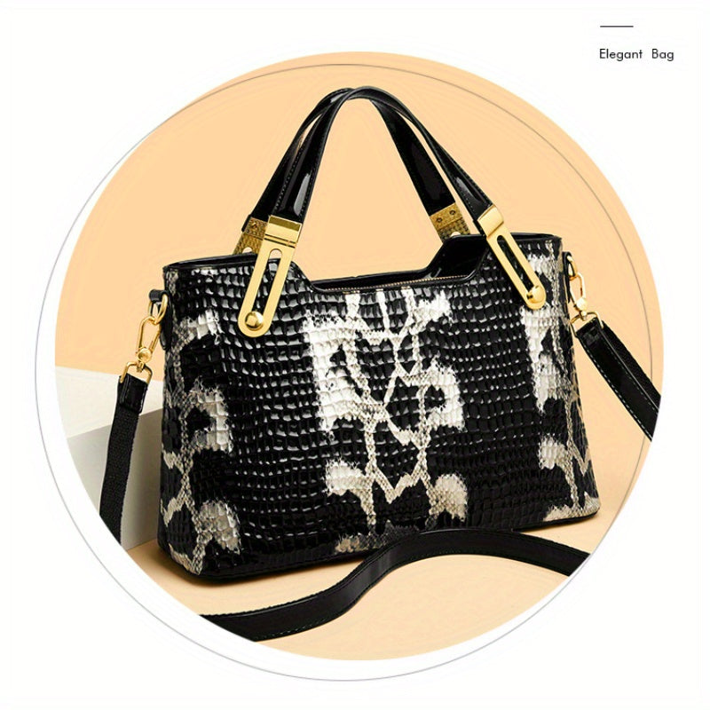 Large Capacity Crocodile Embossed Synthetic Crossbody Bag Black Vintage European American Style Shoulder Bag with Golden Tone Hardware Zipper Closure Polyester Lining