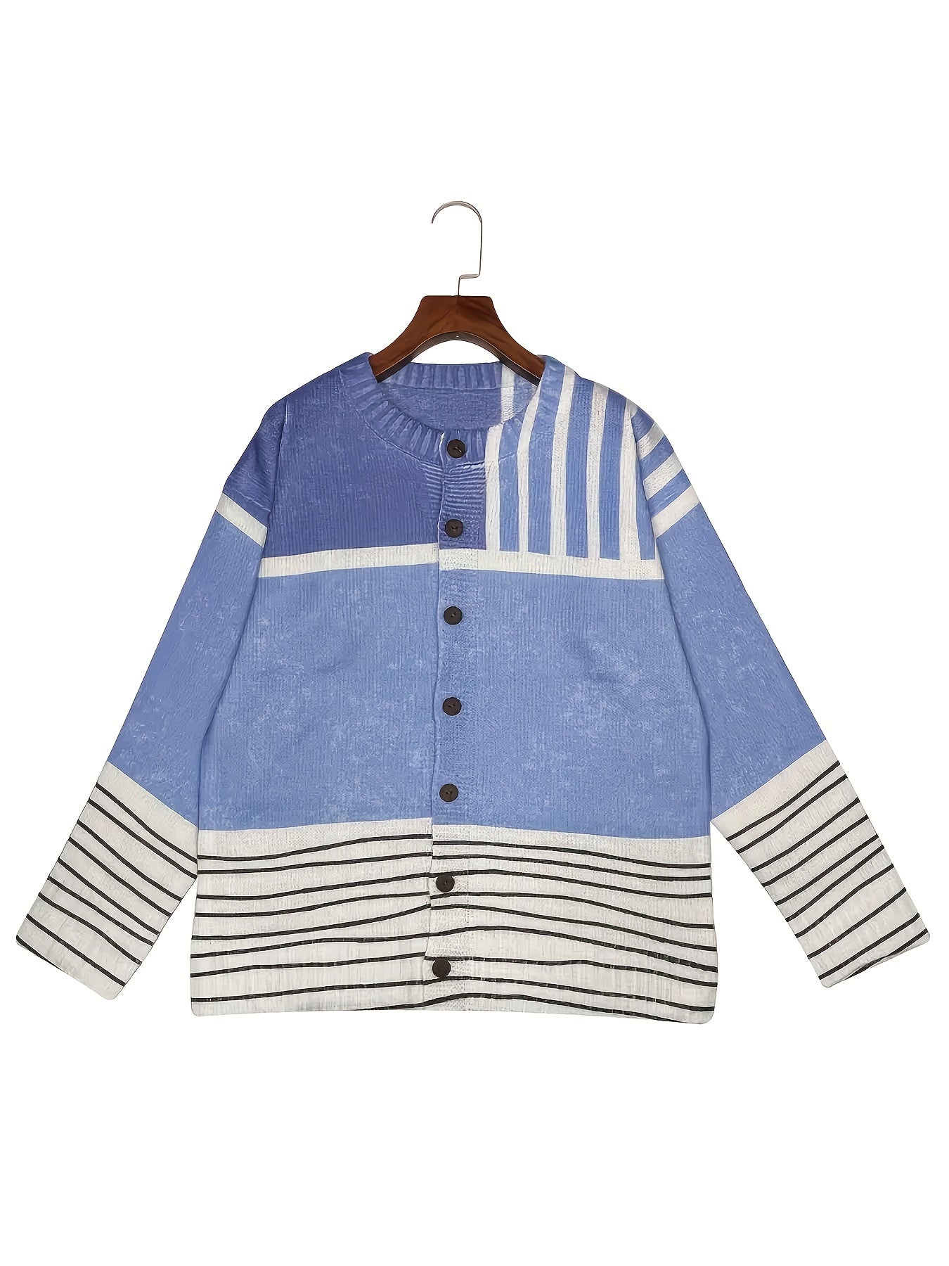 Women'S Lightweight 3D Full Stripe Cardigan Sweater, 100% Polyester Button Crewneck Knit Sweater, Four Seasons Casual Fashion Outerwear