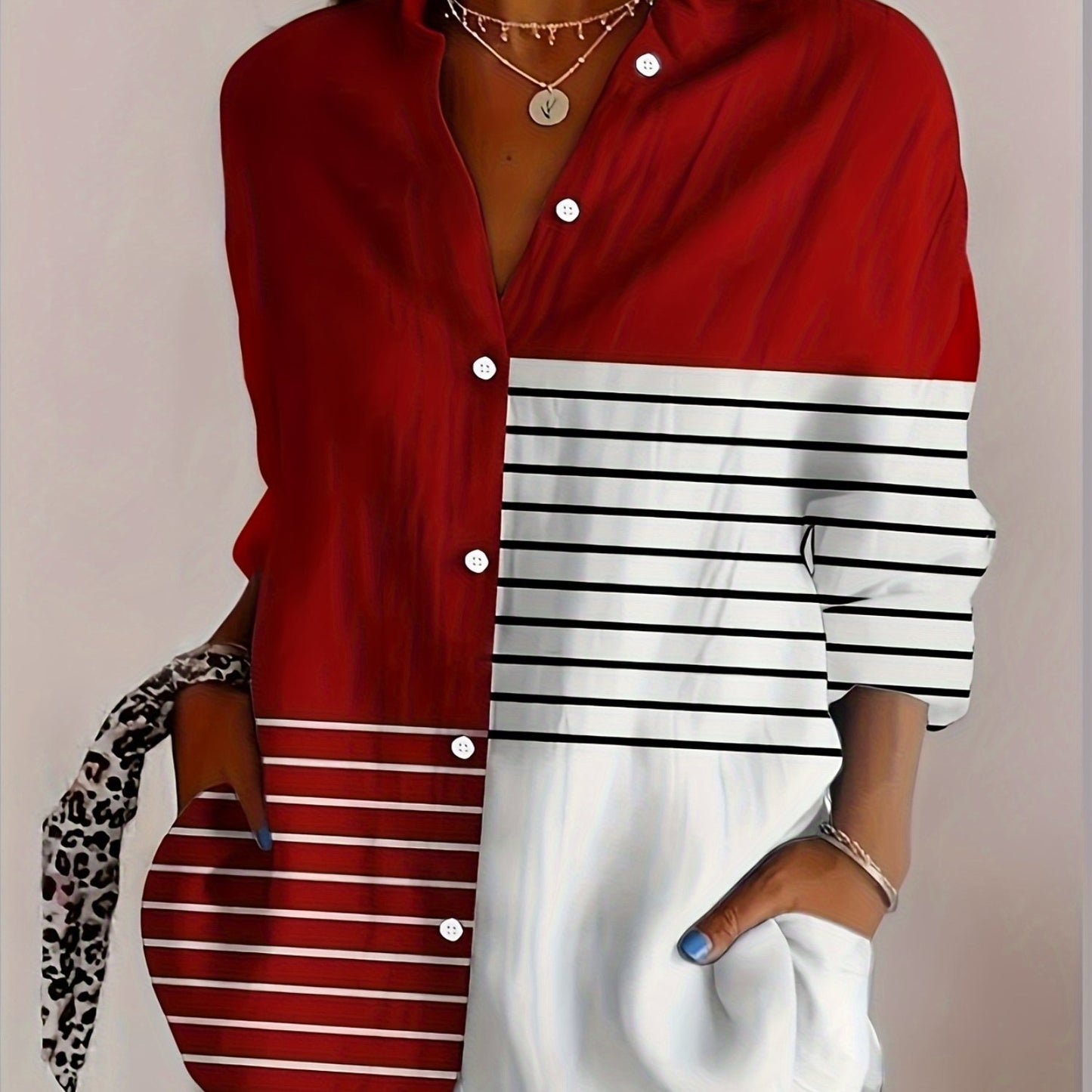 Women'S Casual Striped Button-Up Shirt - Red & White Vertical Stripes, Short Sleeve, Collar, Lightweight Polyester, Perfect for Spring/Fall, Ladies T Shirts