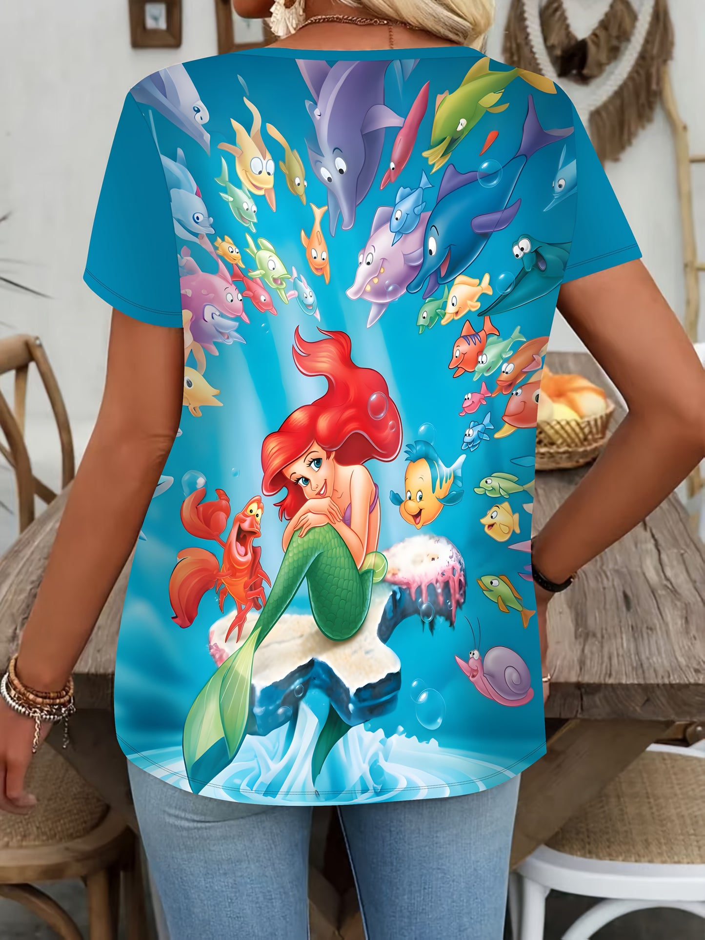 Women'S Summer Casual T-Shirt with Ariel the Youngsters of the Sea, Over 1000 Leagues Sulley & Jafar Print, Vibrant Short Sleeve Top