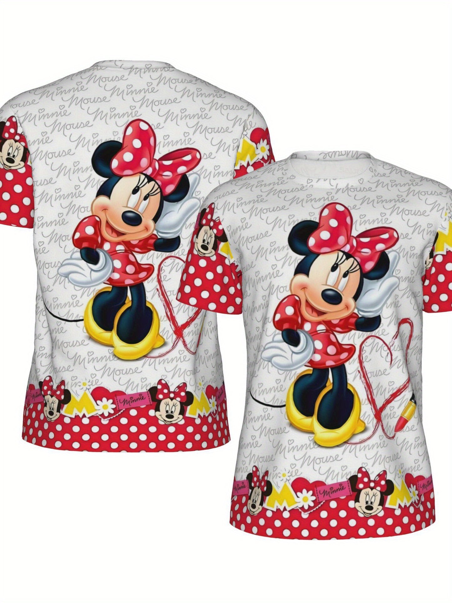 Plus Size Women's Disney Minnie Mouse Graphic T-Shirt - Lightweight Stretchy Short Sleeve Top with Polka Dots & Red Ribbons, Breathable Summer Casual Shirt for Fitness, Yoga, Outdoor Activities, Fitness Apparel, Vibrant Print
