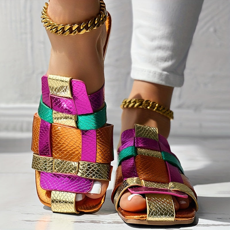 CHICME Women's Color-Block Slip-On Square Toe Sandals - Metallic Golden & Purple Faux Cover Casual Shoes with PU Sole, Flat Comfortable Design for Summer Outings, Ladies Shoes And Sandals, Easy Wear Footwear, Durable Comfort