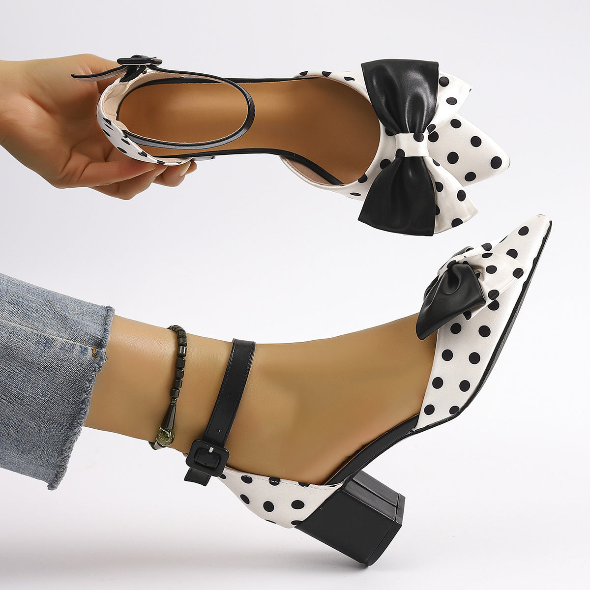 Women's Summer Pointed Toe Mary Jane High Heels with Polka Dot and Black Bow Accents Chunky Heel Breathable Synthetic Cover and TPU Sole Casual or Formal Occasions Stylish Sweet Aesthetic Shoes