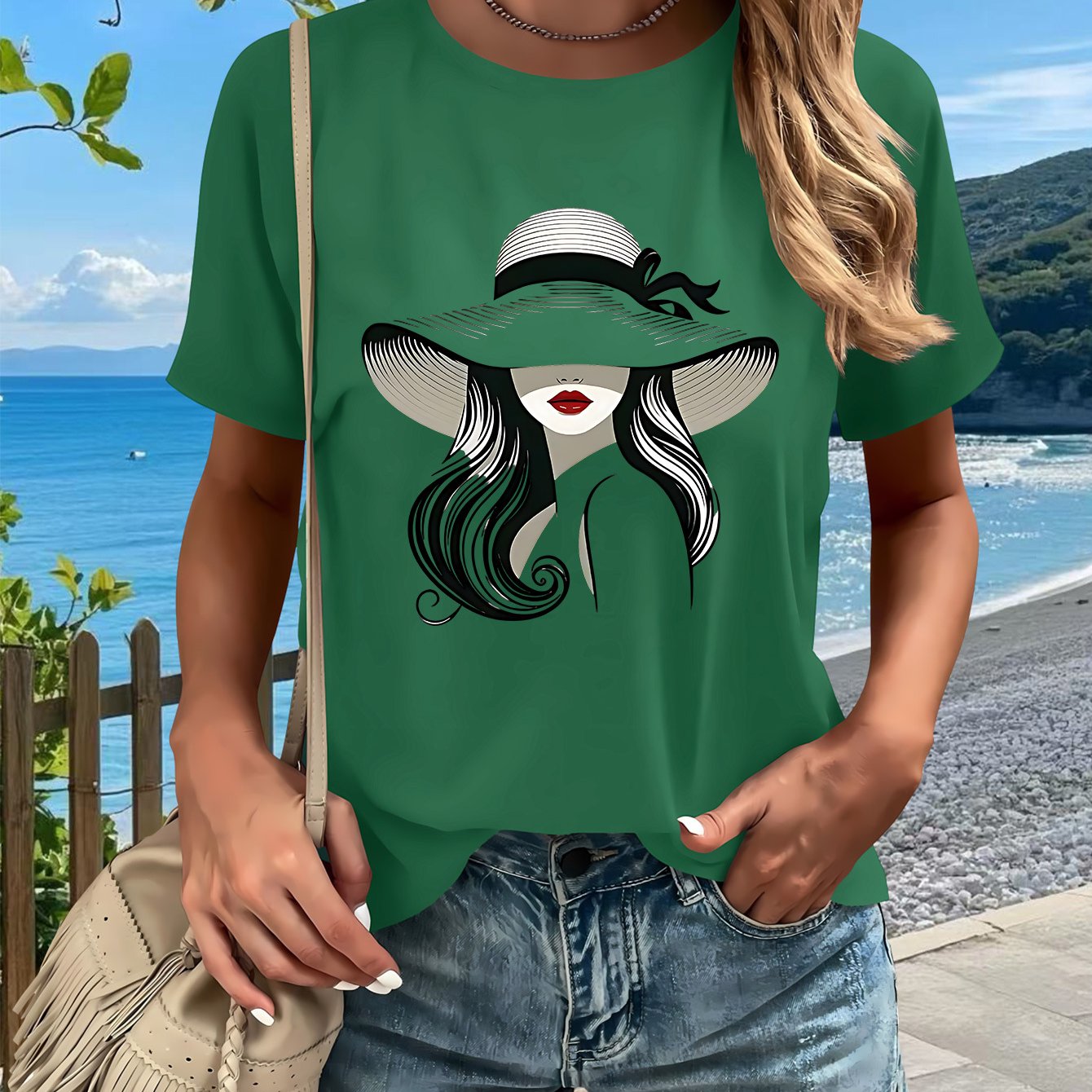 Hat Lady Gift 1pc New Women'S Summer T-Shirt, Printed, Short Sleeved Top, White, Red, Black, Green, Pink, Gray, Apricot, for Home, Outdoor, Party, Sports, Work, Vacation