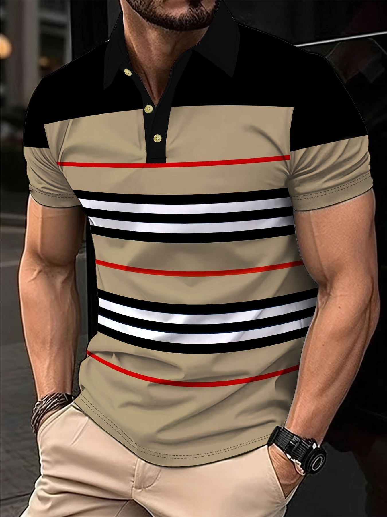 Men's Casual Striped Shirt - Breathable Short Sleeve, Beige/Black/Red/White Stripes, H-Fit for Spring/Summer Outdoor & Leisure Wear, Machine Washable, Smooth Texture Fabric, Classic Collar Design, Durable Summer Wear