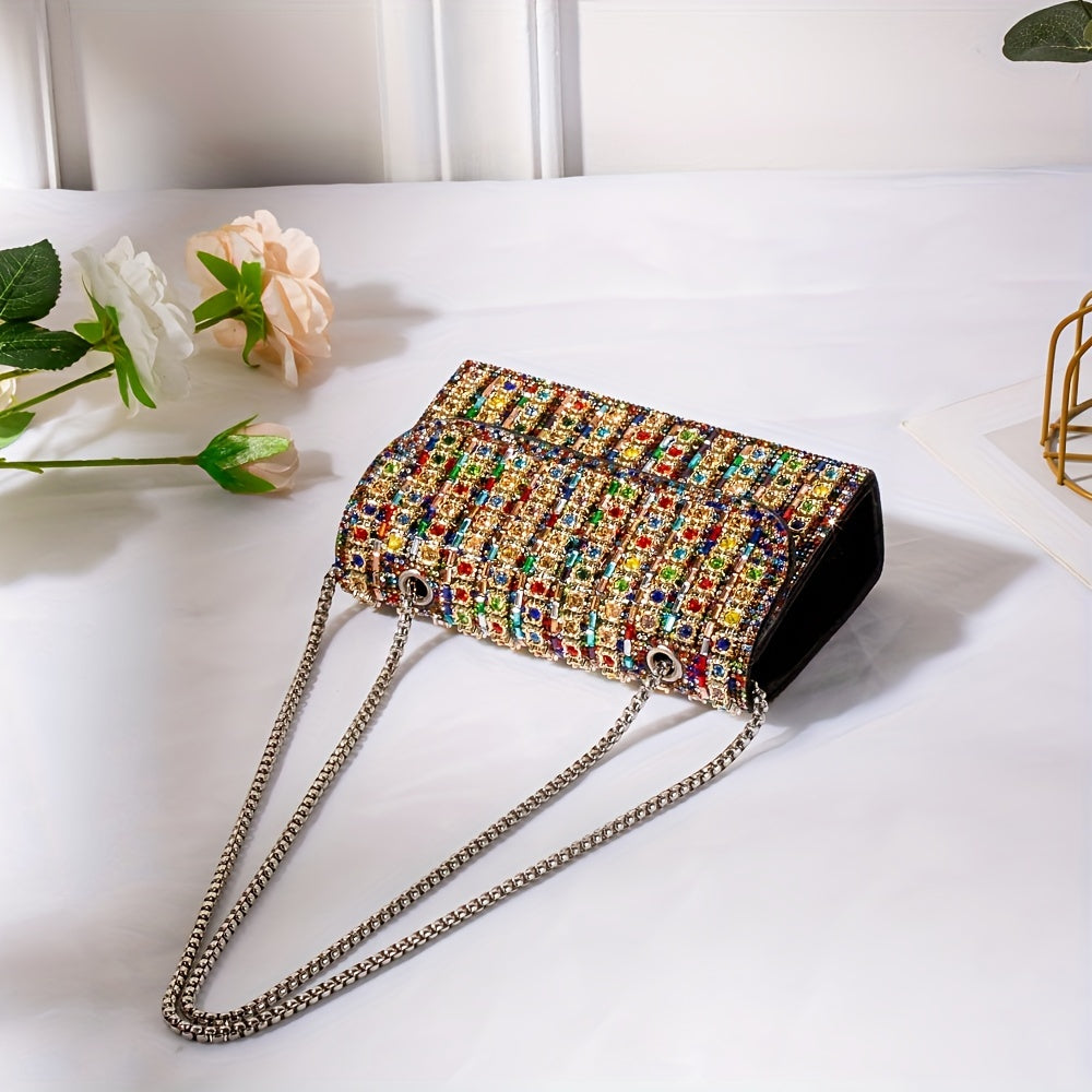 Double-Sided Water Drill Ladies' Evening Clutch - Luxurious Chain, Shiny Handbag Wallet, Stylish Shoulder Bag for Parties, Weddings