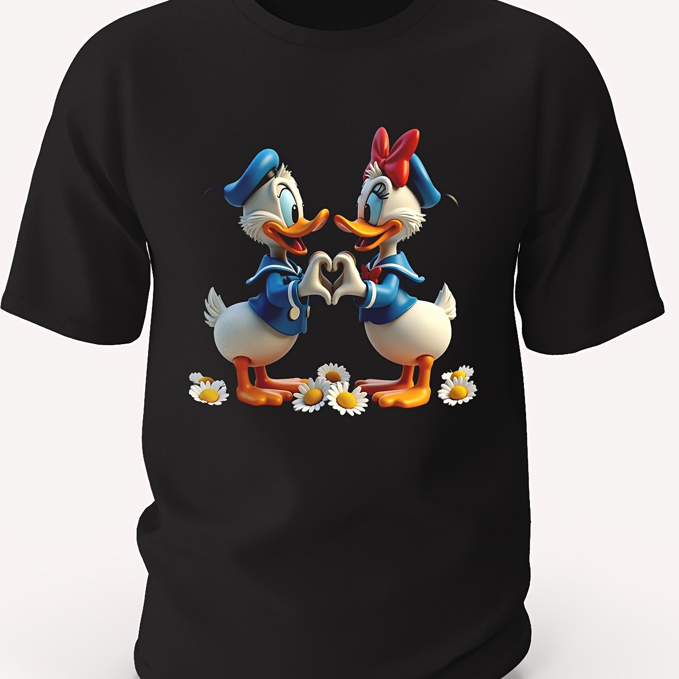 Men's Donald and Daisy Heart Hands Cotton T-Shirt - Black Crew Neck, Short Sleeve, All-Season Casual Wear, 220g/㎡, Single-Sided Printed Design with Sailor Outfit & Flower Details, Casual Wear Tshirt | Playful Graphic Tee |