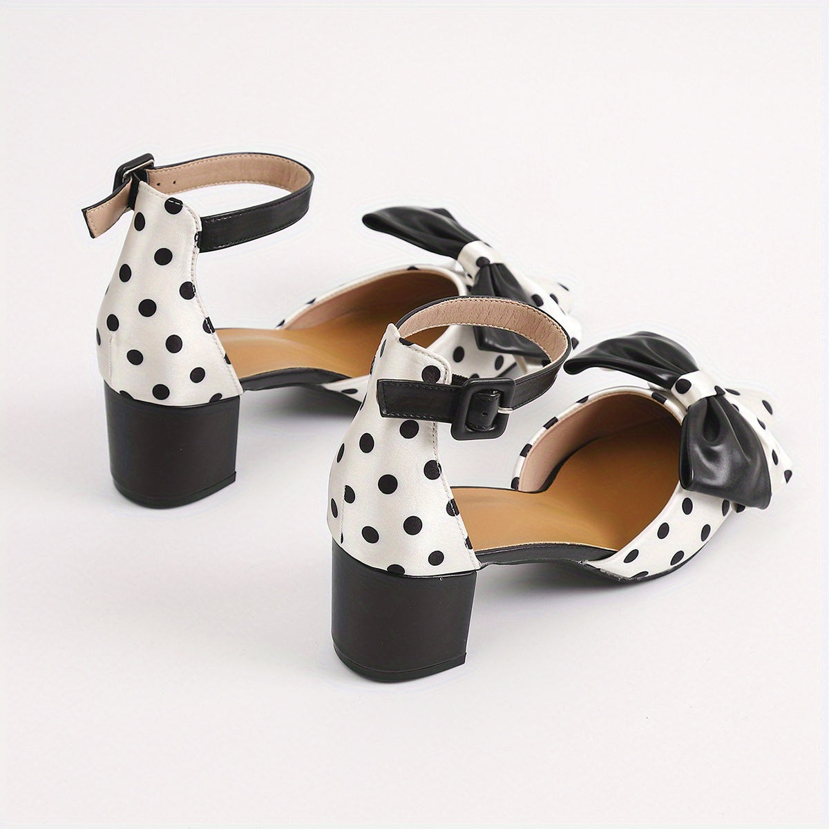 Women's Summer Pointed Toe Mary Jane High Heels with Polka Dot and Black Bow Accents Chunky Heel Breathable Synthetic Cover and TPU Sole Casual or Formal Occasions Stylish Sweet Aesthetic Shoes