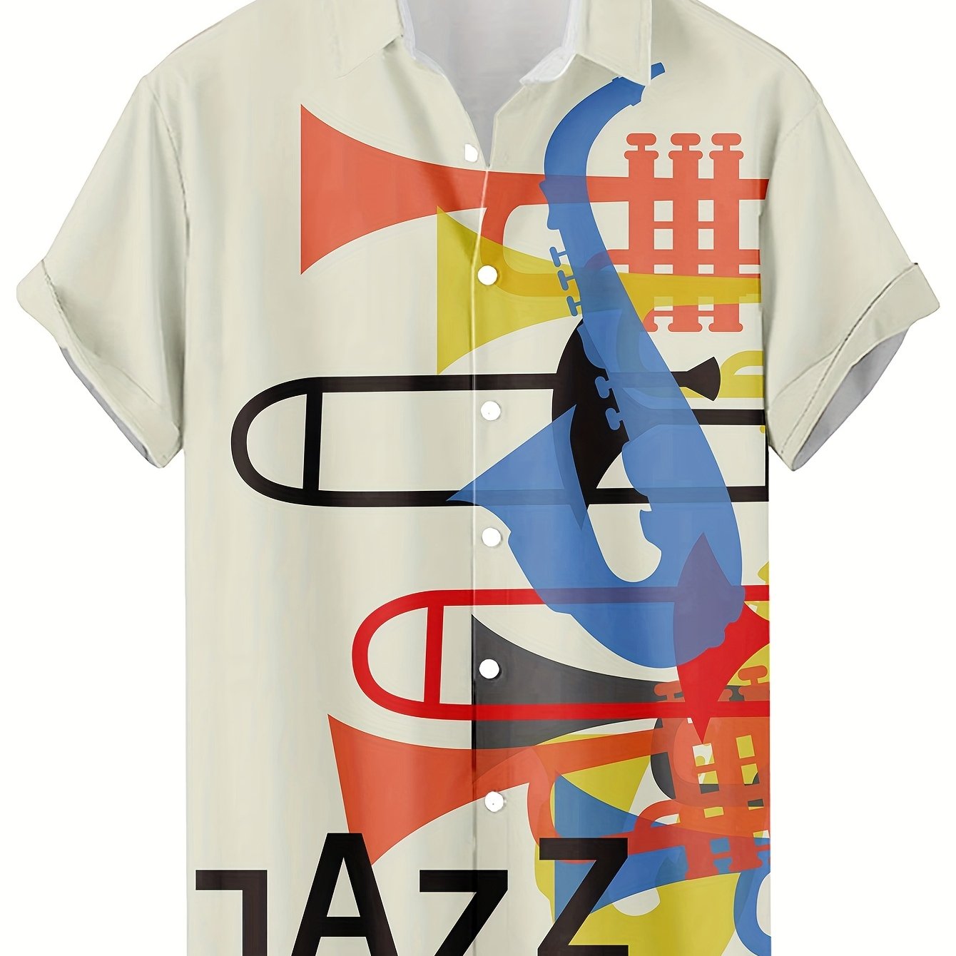 Men's Vintage Jazz 3D Print Casual Shirt - 95% Polyester 5% Spandex Short Sleeve, Regular Fit Non-Stretch Single Breasted, Summer Weekend Wear with Bold Jazz Musician Graphic Design, Leisure Clothing, Smooth Texture Fabric