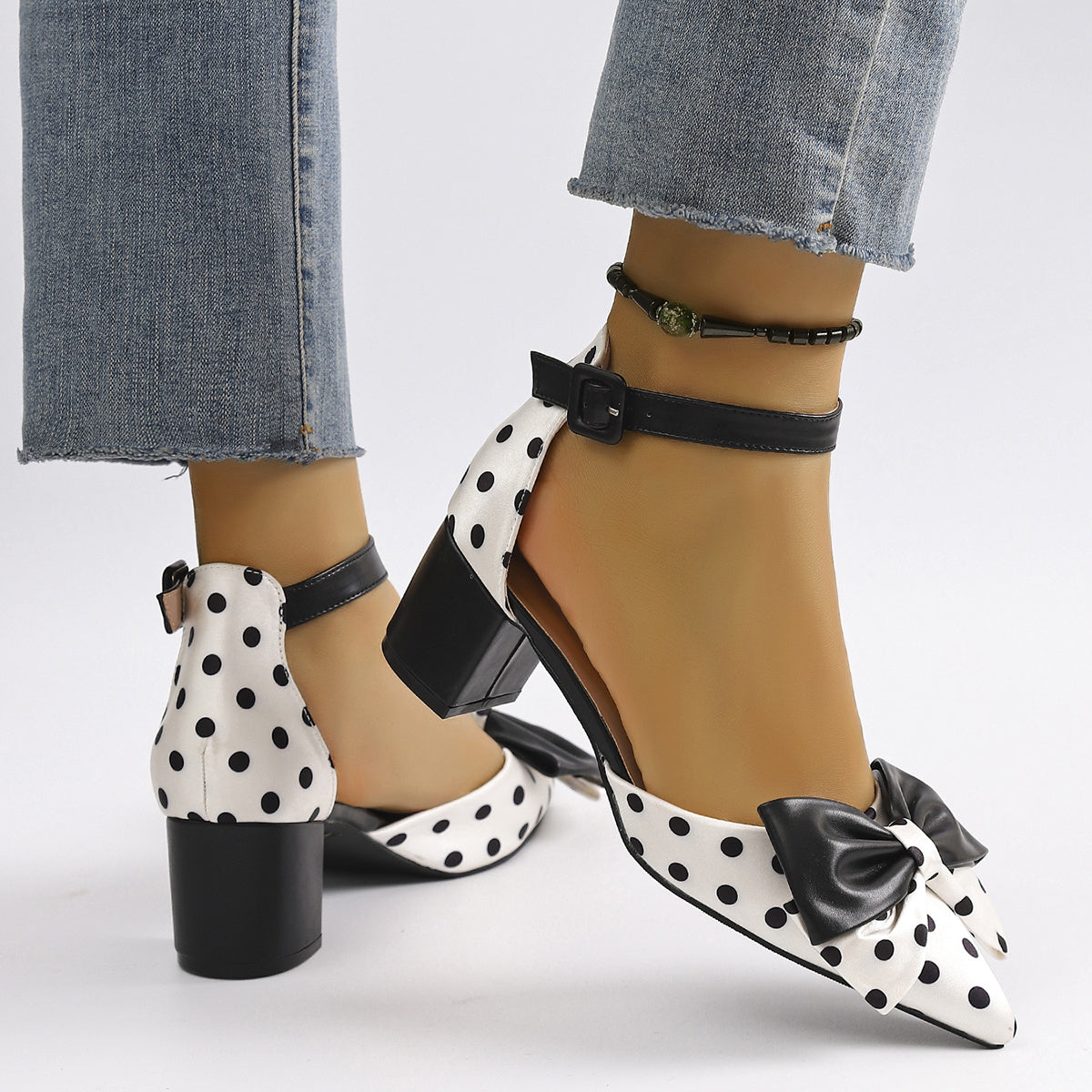 Women's Summer Pointed Toe Mary Jane High Heels with Polka Dot and Black Bow Accents Chunky Heel Breathable Synthetic Cover and TPU Sole Casual or Formal Occasions Stylish Sweet Aesthetic Shoes