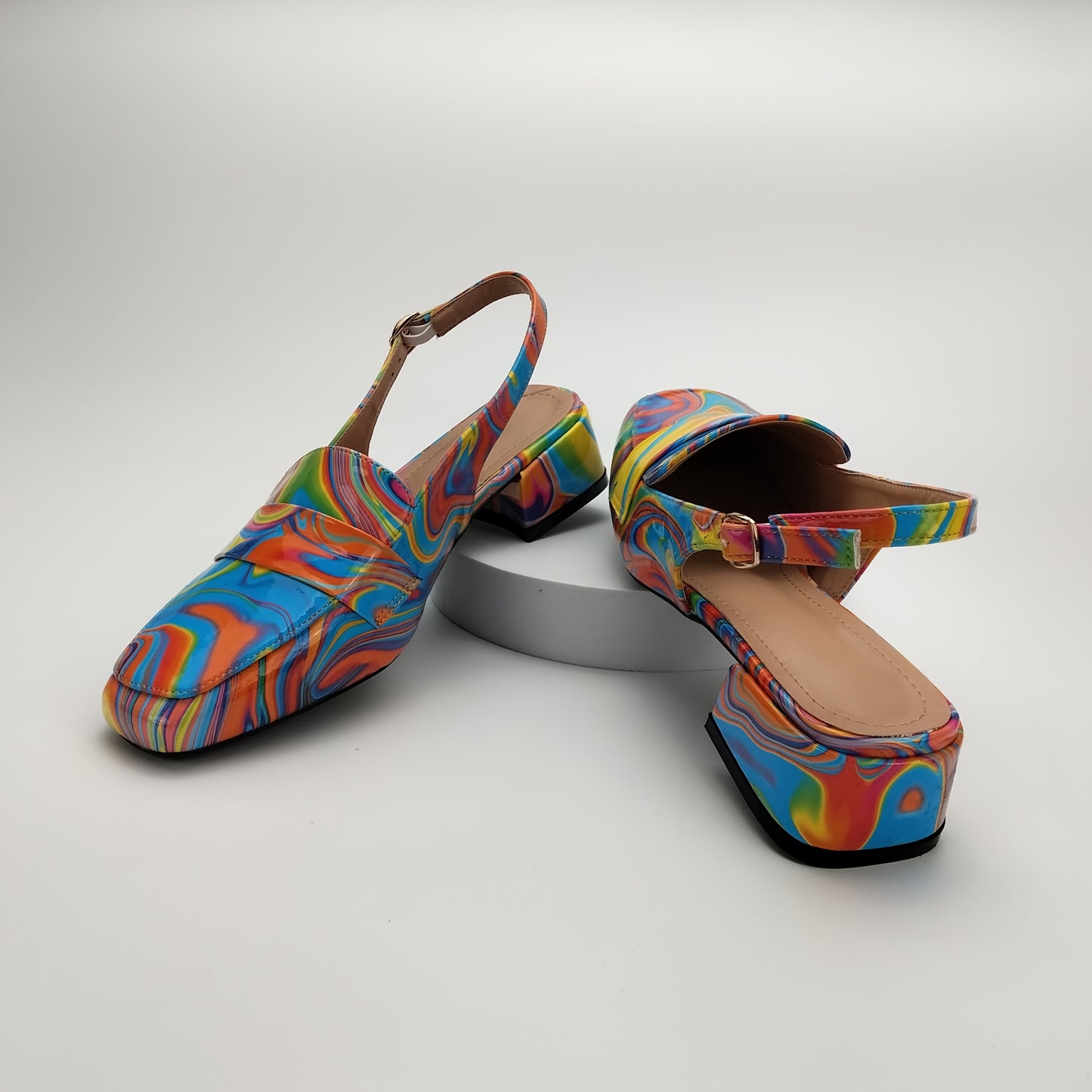 Women'S Stylish Summer Block Heel - Colorful Abstract Print, Square Toe, Mid-Height, Synthetic Upper & Insole, TPU Sole, All-Season Footwear, Fashionable Footwear | Vibrant | Durable Footwear