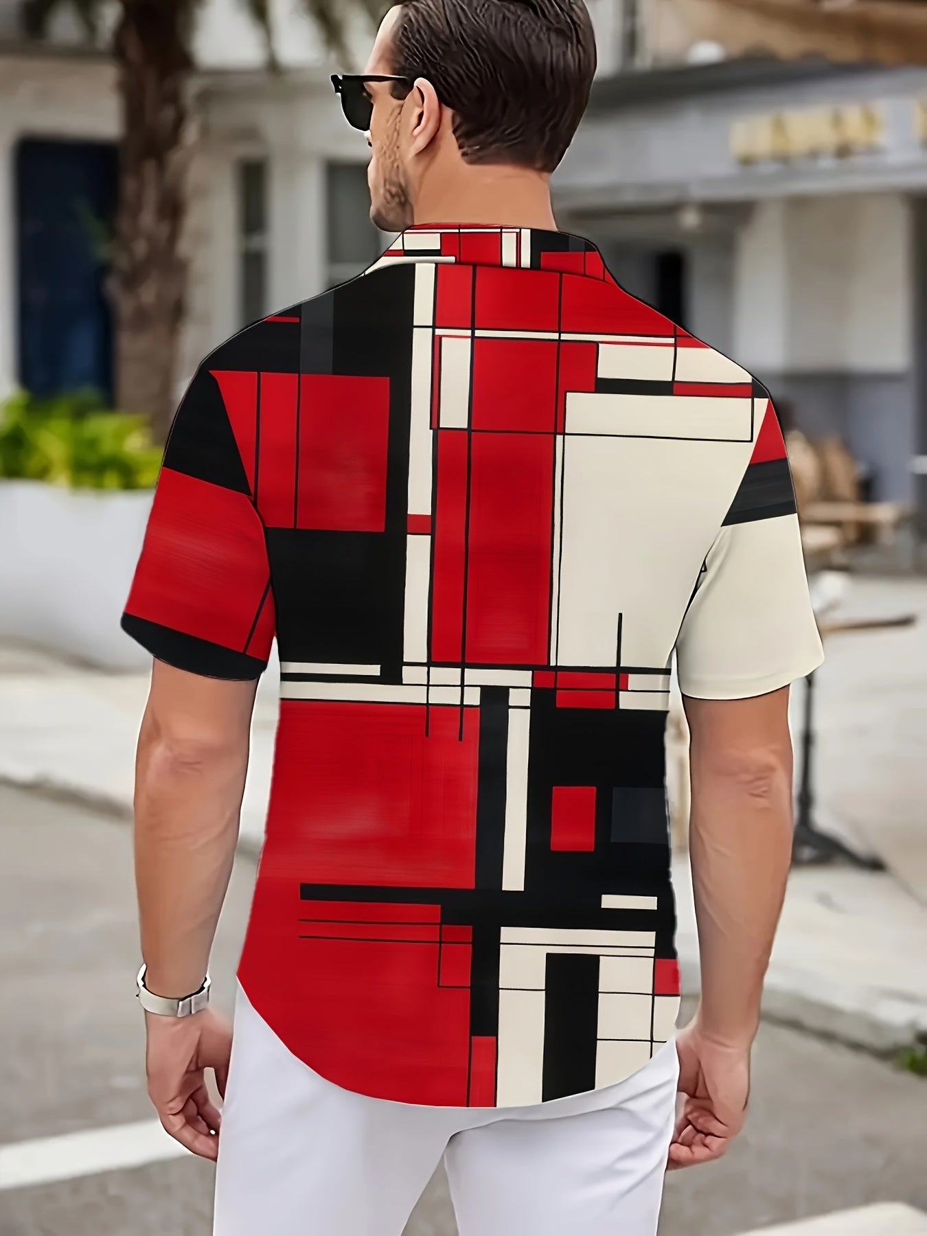 Men's Casual Short-Sleeve Shirt | Multi-Color Geometric Print | Polyester, Non-Stretch Fabric | Machine Washable | Summer Fashion with Turn- Collar & Button Details | Ideal for Daily Wear, Short Sleeve Tops