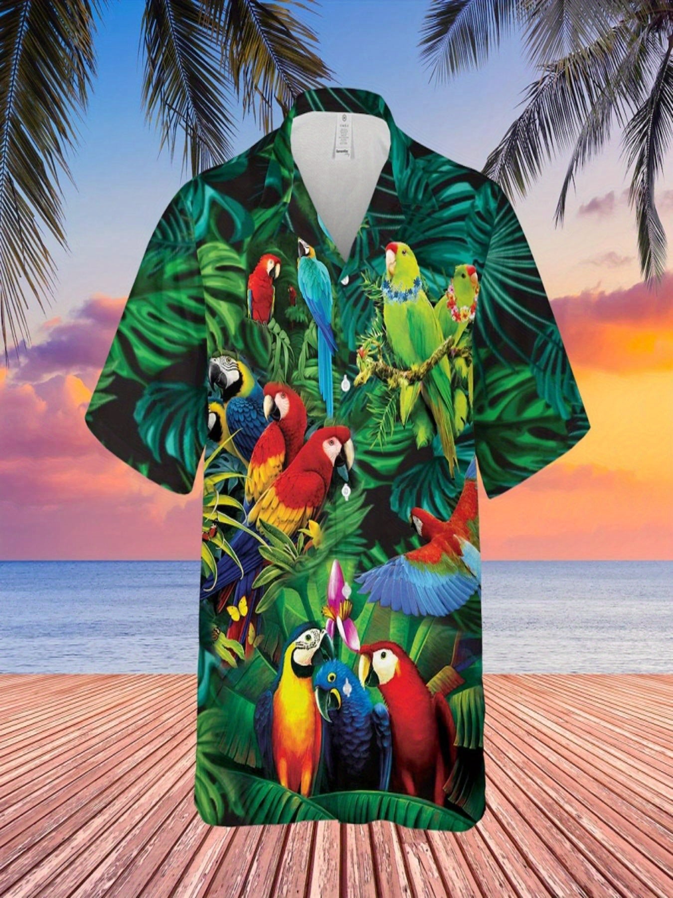 Men's Hawaiian Shirt - Tropical Parrot & Foliage Print, Unisex Loose Fit Short Sleeve Button-Up, Breathable Lightweight Fabric for Beach Vacation & Casual Summer Wear, Machine Washable, Romantic Resort Attire, Semitransparent