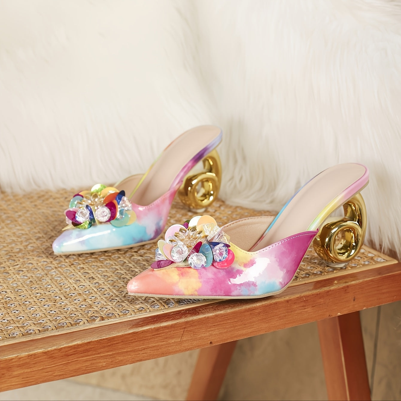 Womens Colorful Crystal Embellished Flatform Heels Geometric Pattern Pointed Toe Slip On Ankle Strap PVC Sole Synthetic Upper Insole Summer Fashion Casual to Formal Wear