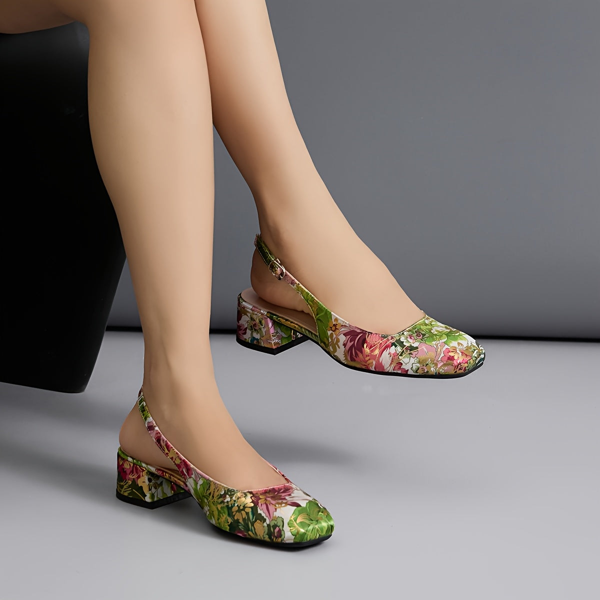 Elegant Women's Floral Mid-Chunky Heel Sandals - Square Toe, Ankle Strap, Faux Cover Lining, Rubber Sole, Summer Dress Shoes in Vibrant Green, Red & Pink Floral Pattern, Semiformal Shoes | Floral Wedge Sandals | Rubber Sole S