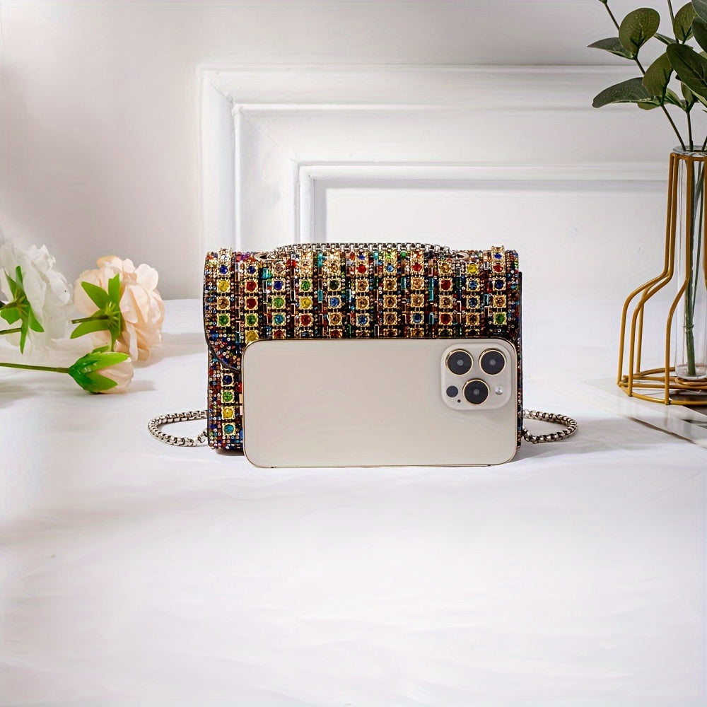 Double-Sided Water Drill Ladies' Evening Clutch - Luxurious Chain, Shiny Handbag Wallet, Stylish Shoulder Bag for Parties, Weddings