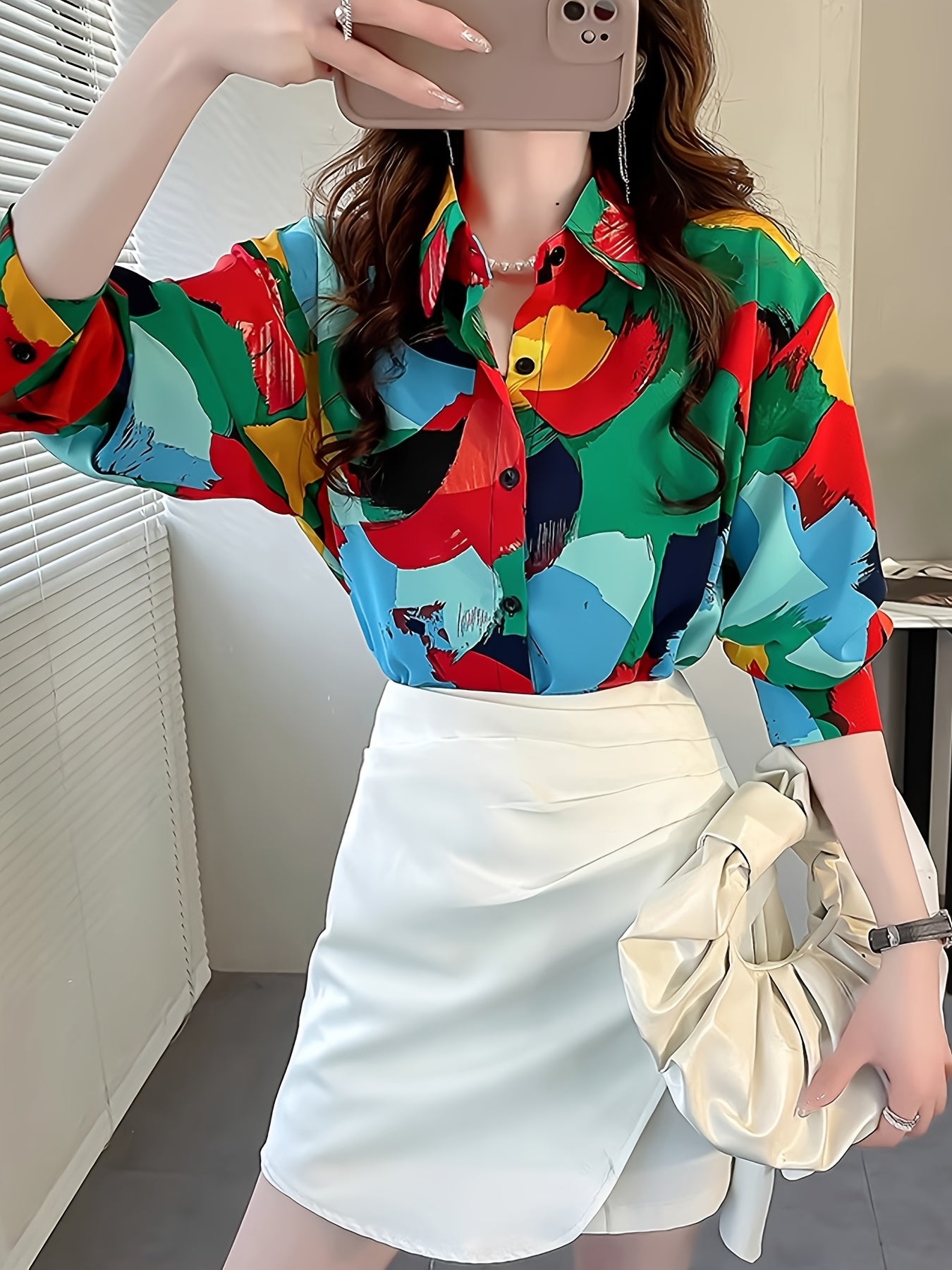 Women's Geometric Print Collar Blouse - Long Sleeve Button-Up Shirt with Vibrant Color Block Design, Fit & Machine Washable for Spring/Fall Casual & Formal Wear, Elegant Fashion Top, Sophisticated Pattern