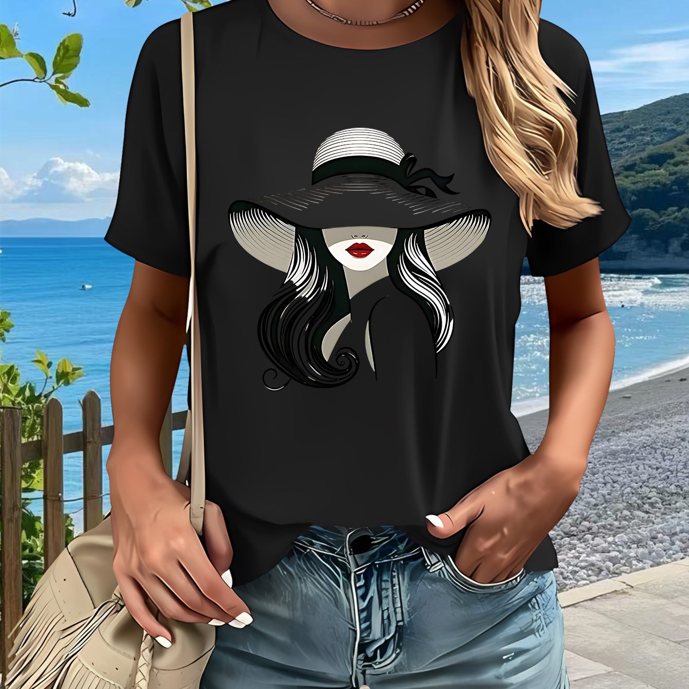 Hat Lady Gift 1pc New Women'S Summer T-Shirt, Printed, Short Sleeved Top, White, Red, Black, Green, Pink, Gray, Apricot, for Home, Outdoor, Party, Sports, Work, Vacation