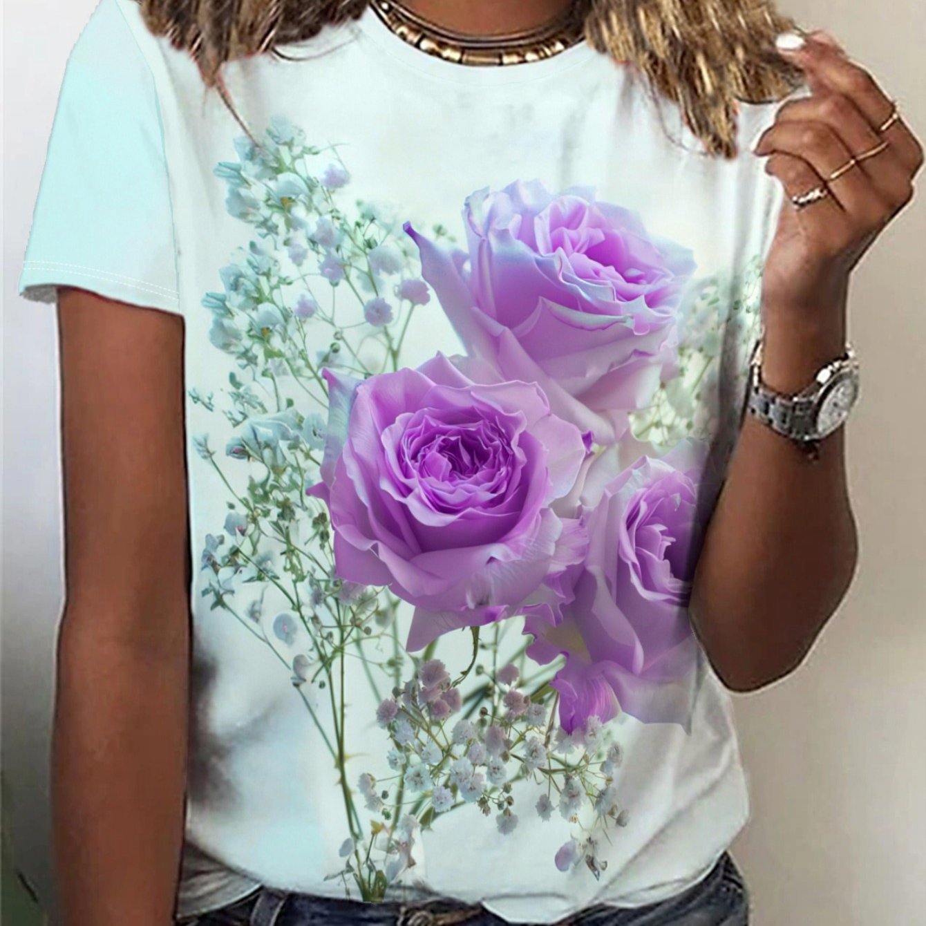Women'S T-shirt With Purple Rose Print - Comfortable Short Sleeved Round Neck - Perfect Choice For Spring And Autumn Casual Wear