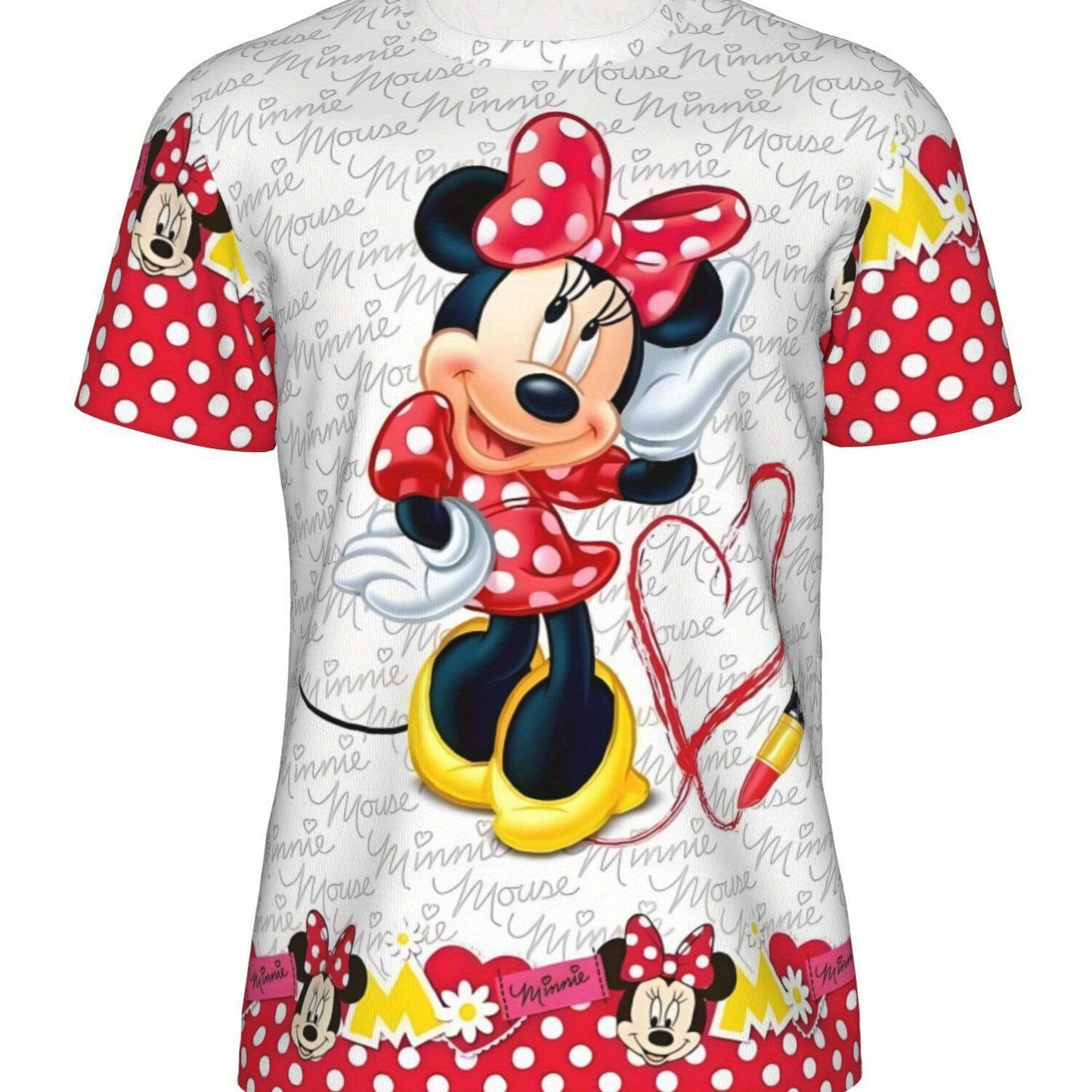 Plus Size Women's Disney Minnie Mouse Graphic T-Shirt - Lightweight Stretchy Short Sleeve Top with Polka Dots & Red Ribbons, Breathable Summer Casual Shirt for Fitness, Yoga, Outdoor Activities, Fitness Apparel, Vibrant Print