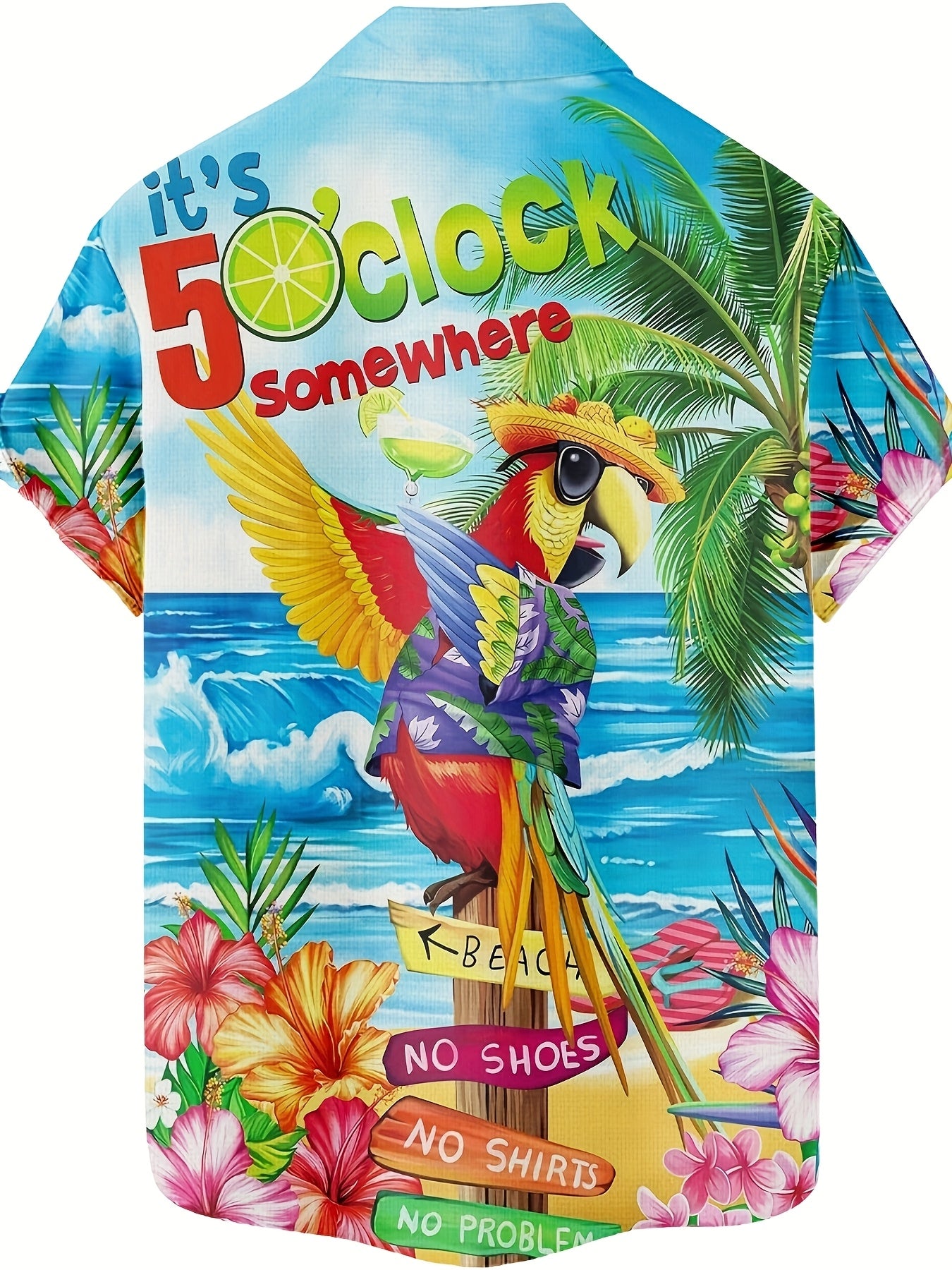 Men's Vibrant Tropical Parrot 3D Print Hawaiian Shirt - Short Sleeve Button-Up with Palm Tree & Ocean Design, Breathable Summer Beachwear for Teens & Young Adults, Casual Streetwear, Street Style Apparel, Playful Graphic Tee