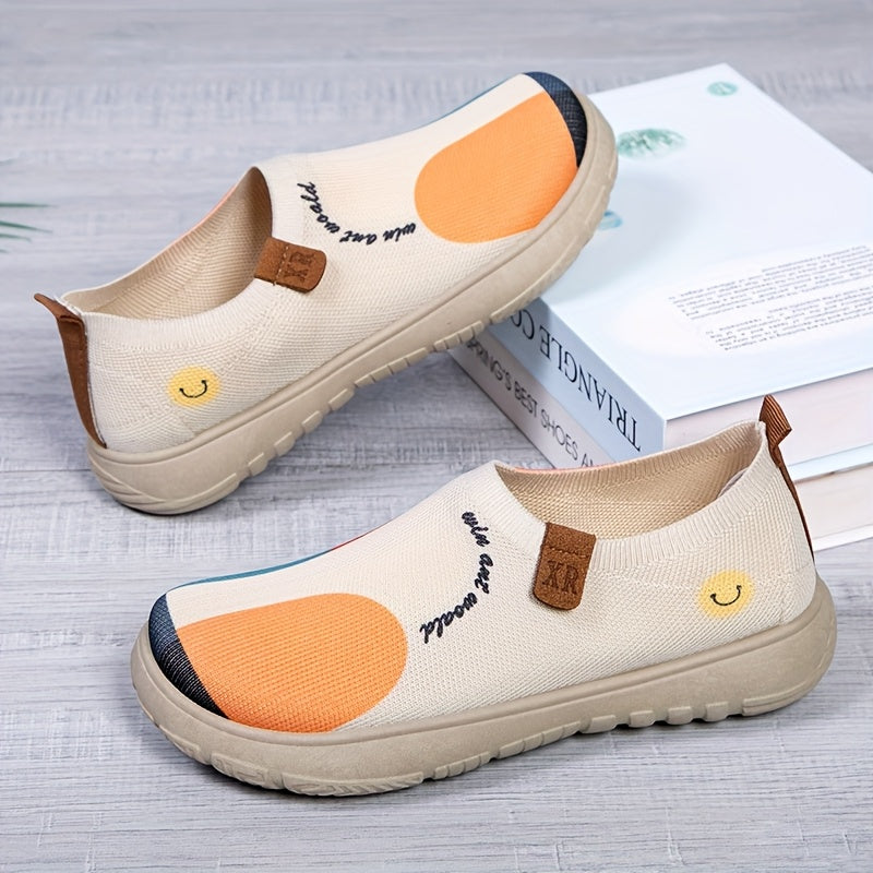 New Spring And Autumn Canvas Shoes, Casual Knitted Sports Painted Flats, Breathable Soft Sole Stylish Slip-On Women'S Shoes.