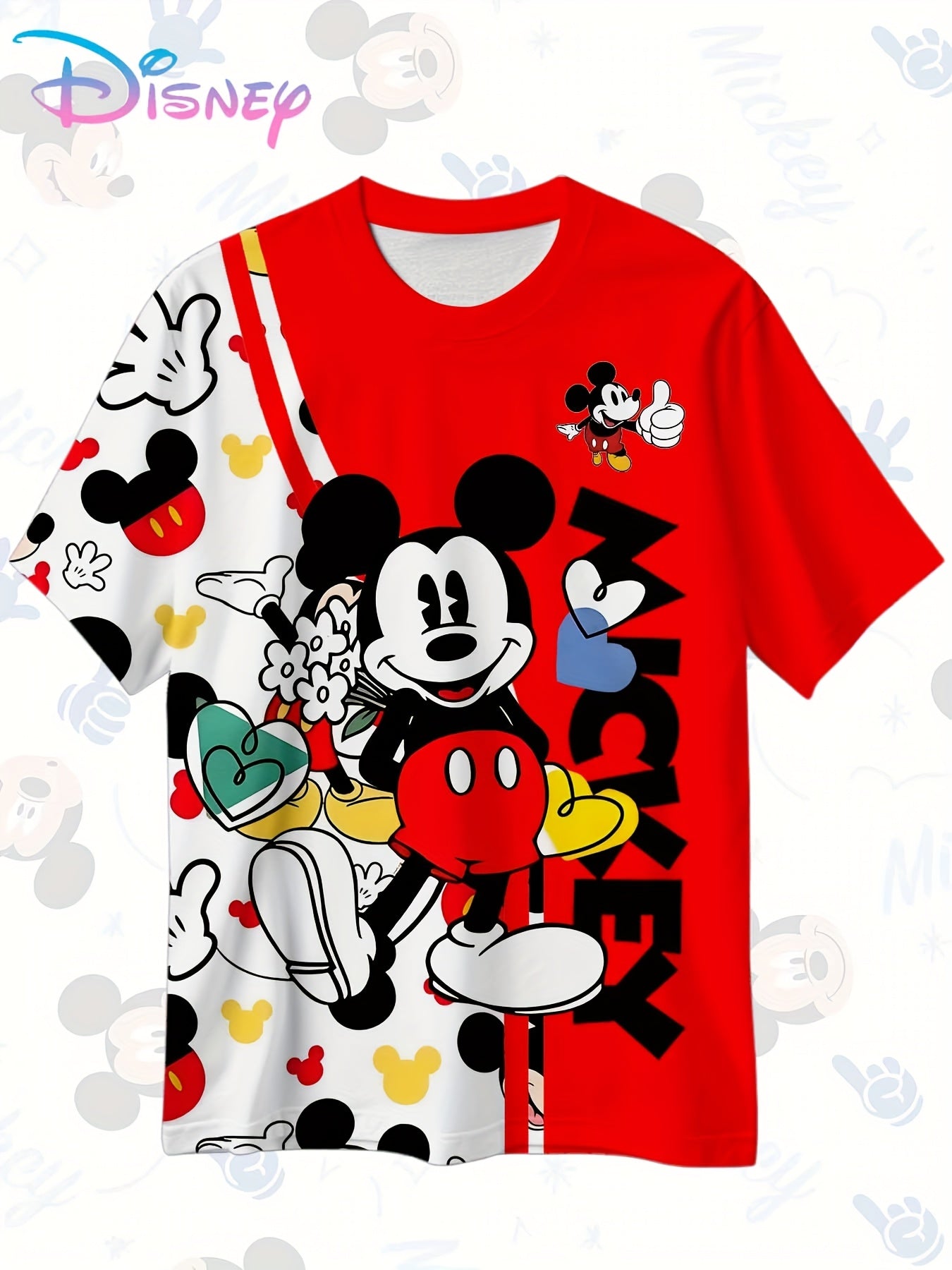 Disney Mickey Mouse Women's Large Size 3D Printed T-Shirt - Vibrant Red Casual Short Sleeve Top with Playful Cartoon Graphics, Machine Washable Spring/Summer Tee, Spring Summer Apparel, Durable Digital Print