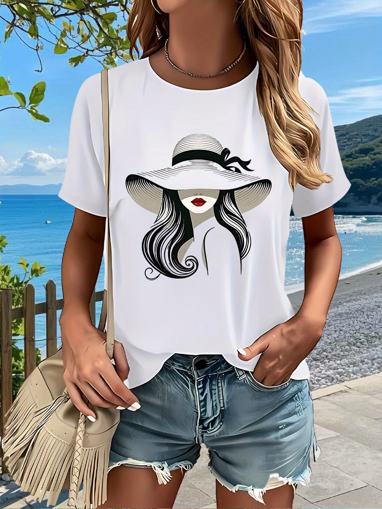 Hat Lady Gift 1pc New Women'S Summer T-Shirt, Printed, Short Sleeved Top, White, Red, Black, Green, Pink, Gray, Apricot, for Home, Outdoor, Party, Sports, Work, Vacation
