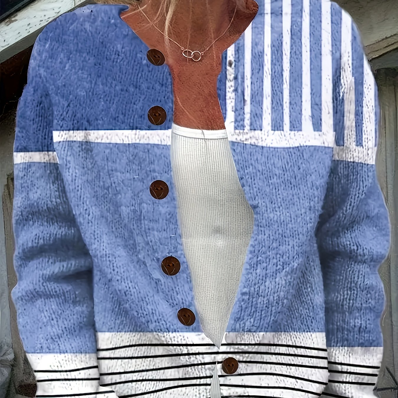Women'S Lightweight 3D Full Stripe Cardigan Sweater, 100% Polyester Button Crewneck Knit Sweater, Four Seasons Casual Fashion Outerwear
