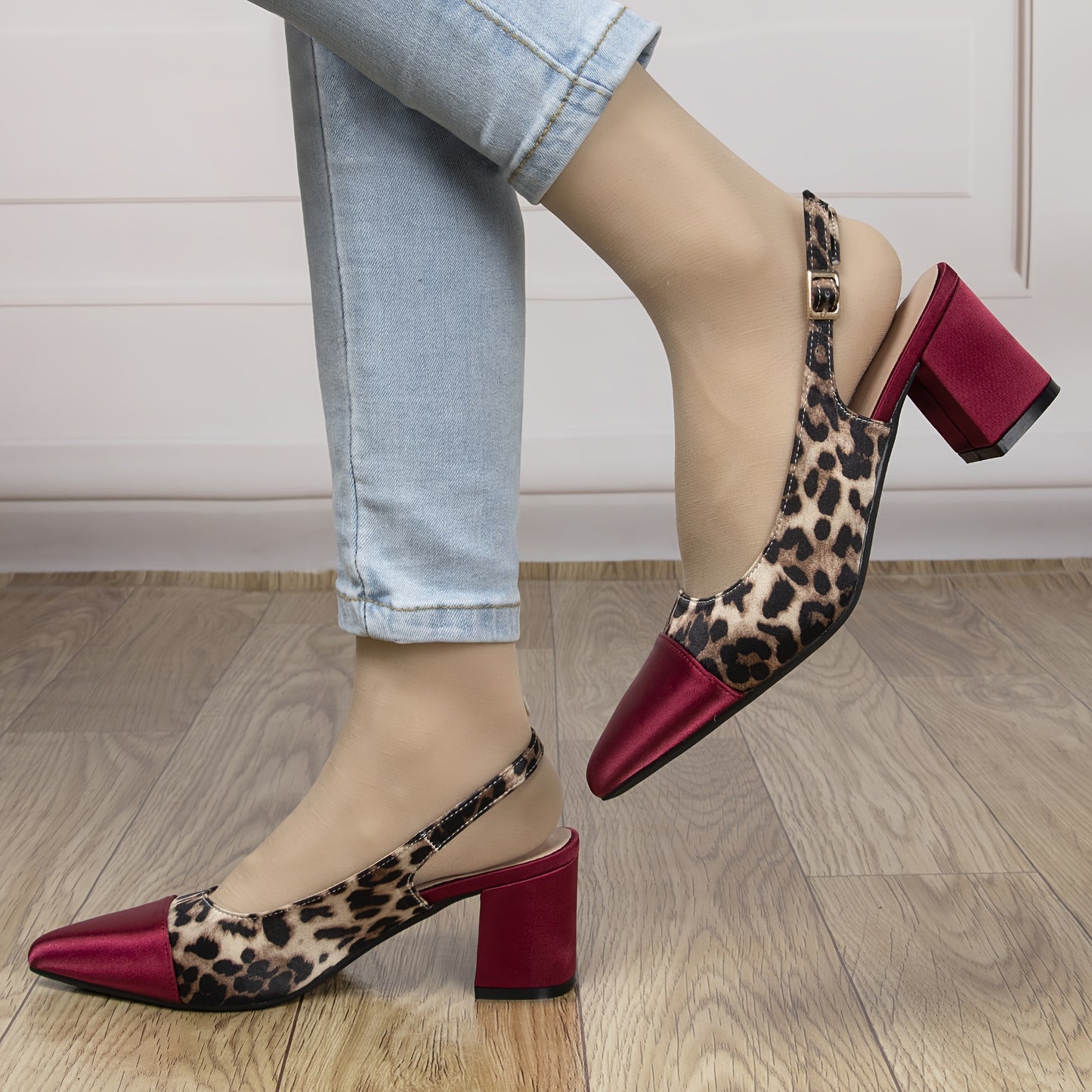 Women's Wine Red Leopard Print Slingback High Heel Pumps 2.36 Inch Chunky Block Heel Pointed Toe Comfortable Fabric and PU Cover Versatile for Summer Parties Casual Outings Office Ideal Gift for Fashion Women