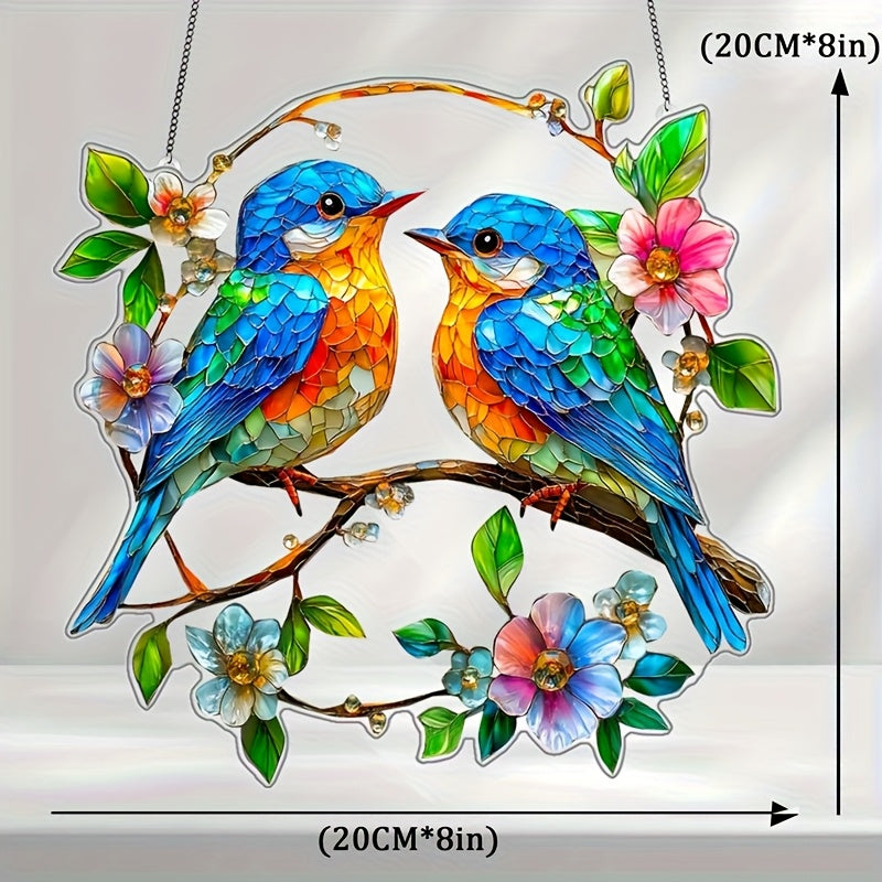 2D Flat 1pc Acrylic Blue Birds Garden Suncatchers 8x8 Window Hanging Gifts for Bird Lovers Home Decor