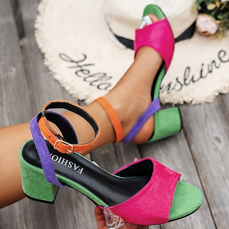 Women'S Fashion Colorful Open Toe Sandals with Ankle Strap, Comfortable Spring Mid Block Heel, Buckle Closure, Fabric Upper, Man-Made Inner & Insole, Rubber Sole