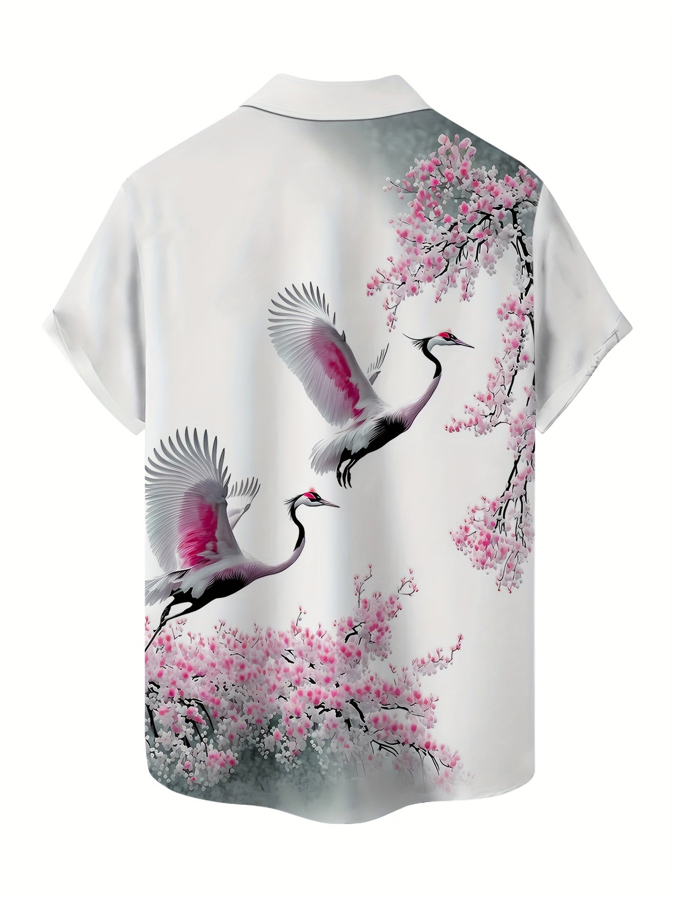 Men's Lightweight Polyester Short-Sleeve Shirt with Vibrant Red-Crowned Crane & Cherry Blossom Print, Casual Lapel Collar, Summer Fashion Top for Adults & Teens, Beach Attire | Vibrant Pattern Tee | Glossy Finish Shirt