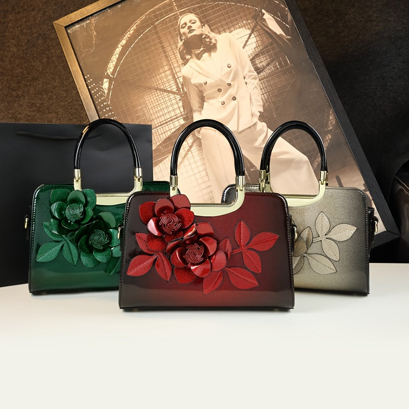 2025 New Style Women's Genuine Leather Crossbody Shoulder Bag Burgundy Floral Embellished Handbag with Adjustable Strap Golden-Tone Hardware and Zipper Closure Versatile for Casual and Formal Occasions