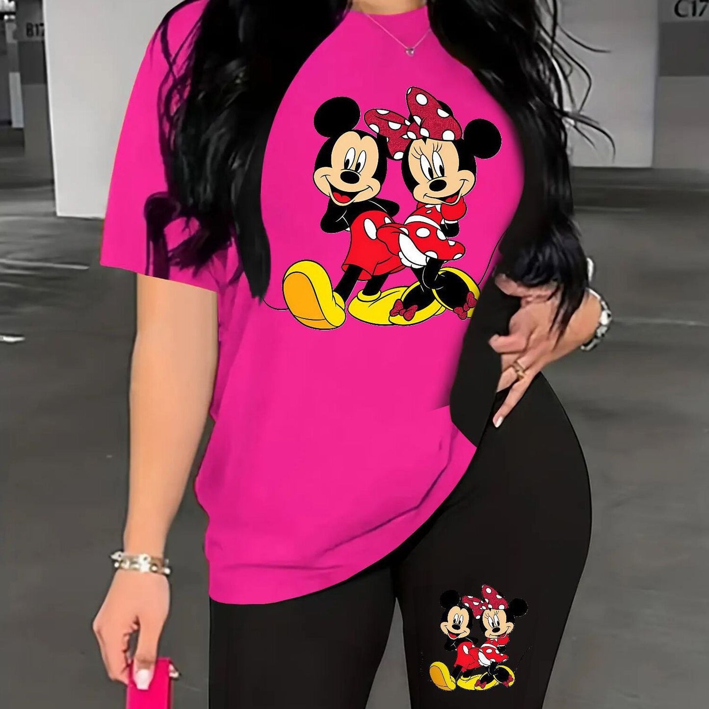 A Two-Piece Outfit Featuring a Printed Short-Sleeve T-Shirt with Dropped Shoulders And Cropped Leggings, Designed for Plus-Size Women, Licensed with Mickey And Minnie.