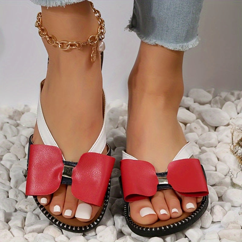 2025 Summer Women's Casual Flat Sandals with Red Bow Detail Open Back Strap Soft Sole Beach Slippers Comfortable Outdoor Daily Wear Cute Style