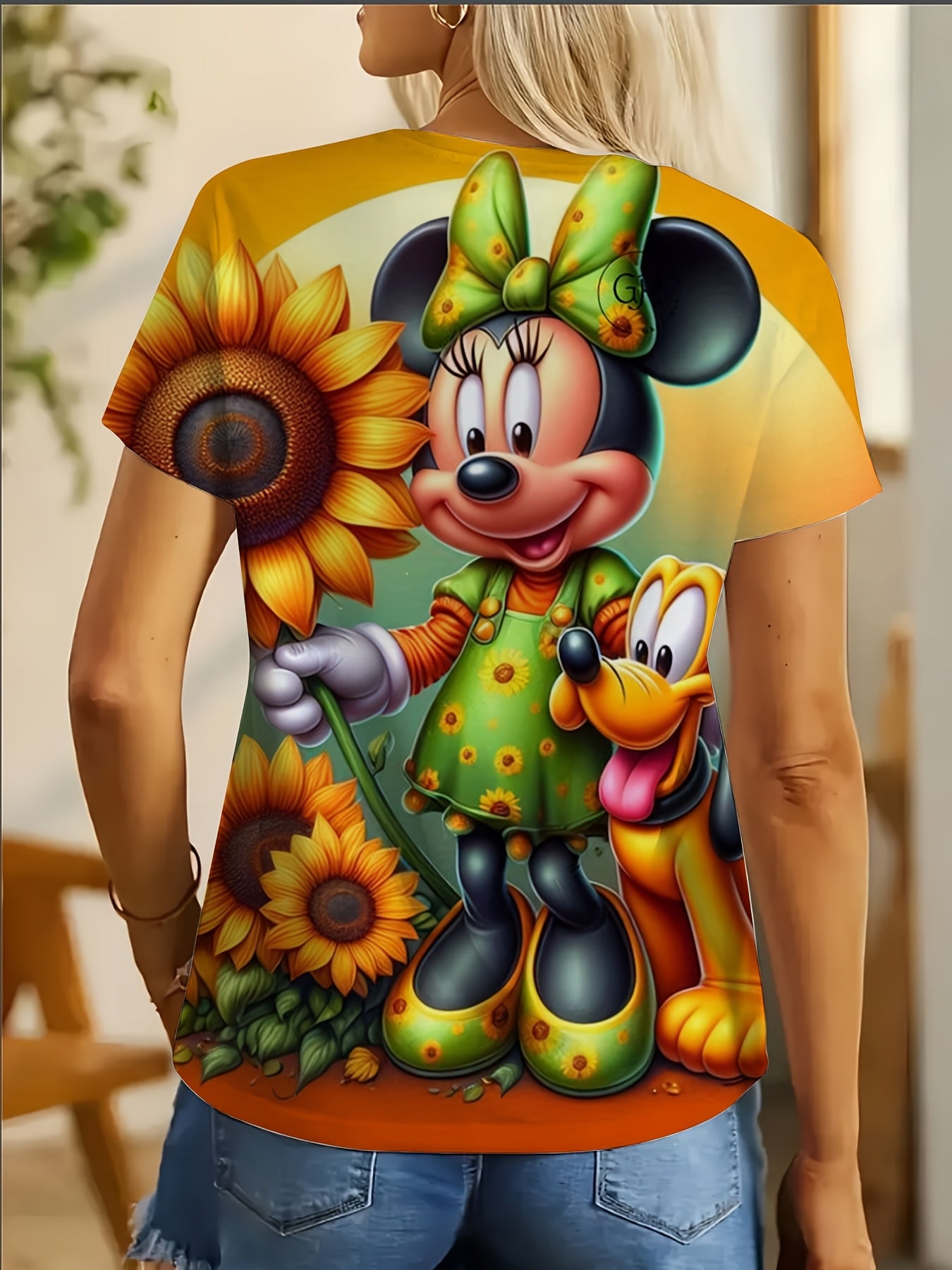 Disney Minnie Mouse and Pluto T-Shirt in Polyester Fabric with Sunflower Print and Green Polka Dot Dress Design, Perfect for Casual Wear and Disney Theme
