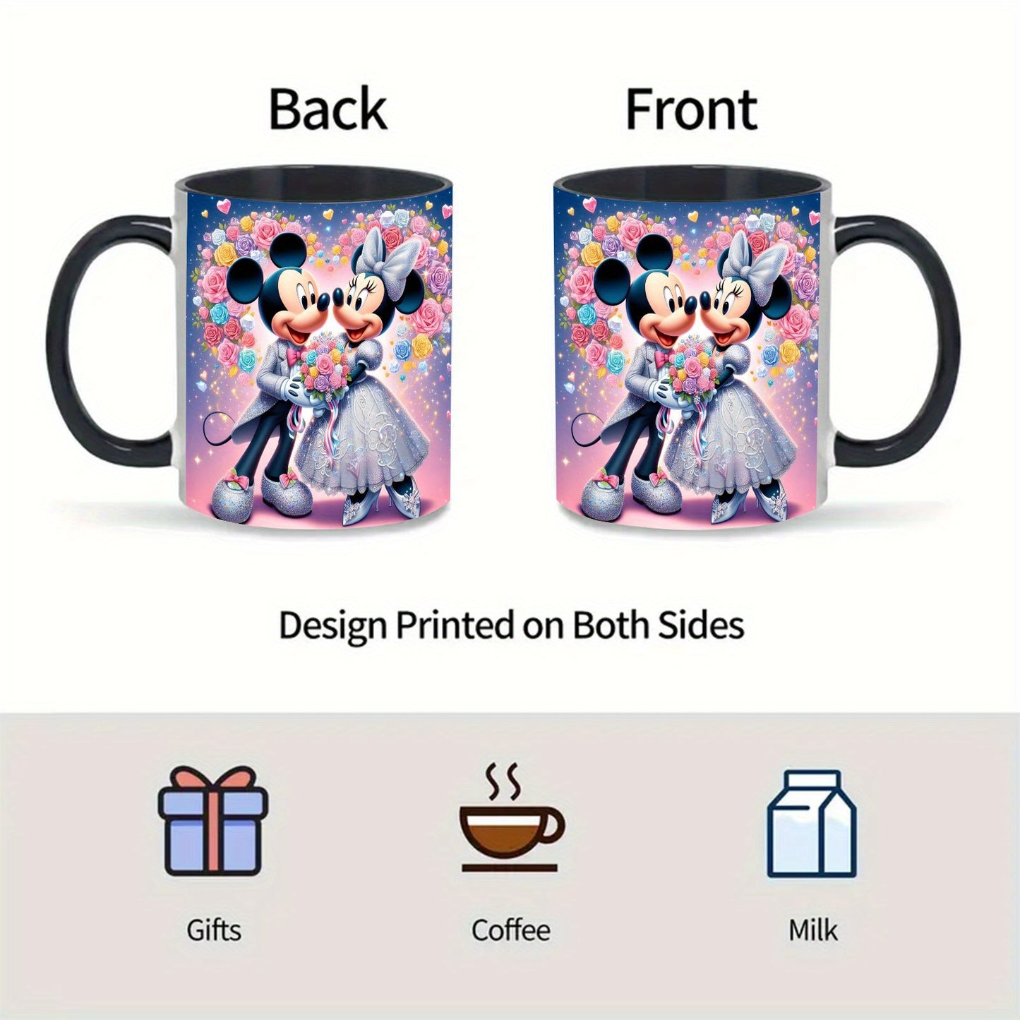 Mickey & Minnie Mouse Wedding Easter 11oz Ceramic Mug - Floral Heart & Stars Design, Versatile for Coffee, Tea, Milk, Home Office Cafe Restaurant, Birthday & Easter Gifts, Durable Ceramic Cup, Cafe Cup | Decorative Cup | Dura