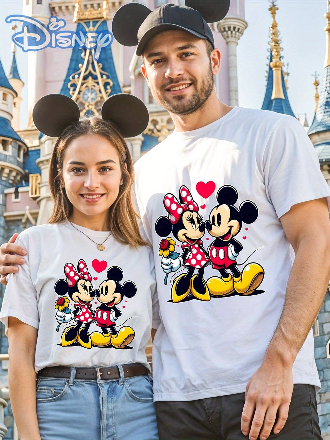 Disney Licensed Minnie & Mickey Mouse Love Print Women's T-Shirt - 100% Cotton Soft Breathable Crew Neck Tee with Heart & Rose Design, Cute Casual Summer Top for Daily Wear & Workouts, Sizes S-XXL, Disney Shirts