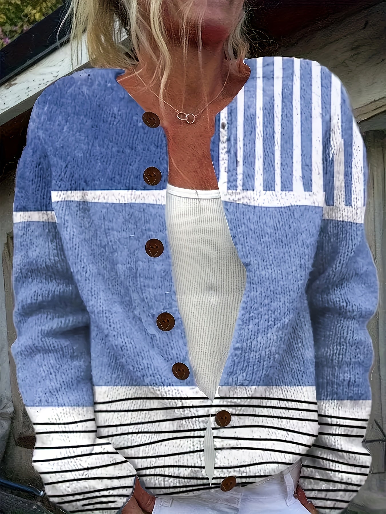 Women'S Lightweight 3D Full Stripe Cardigan Sweater, 100% Polyester Button Crewneck Knit Sweater, Four Seasons Casual Fashion Outerwear