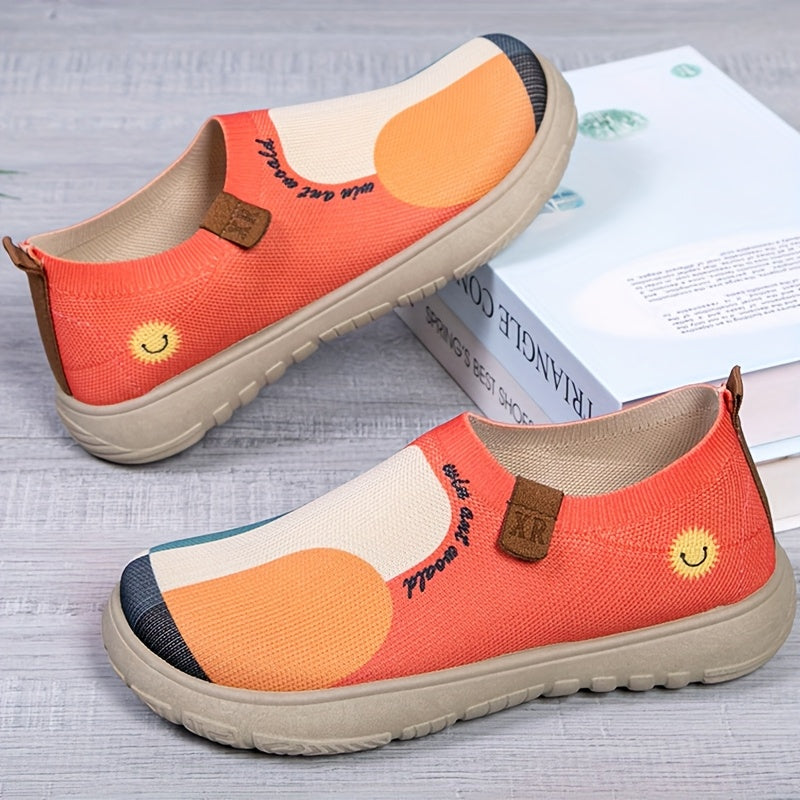 New Spring And Autumn Canvas Shoes, Casual Knitted Sports Painted Flats, Breathable Soft Sole Stylish Slip-On Women'S Shoes.
