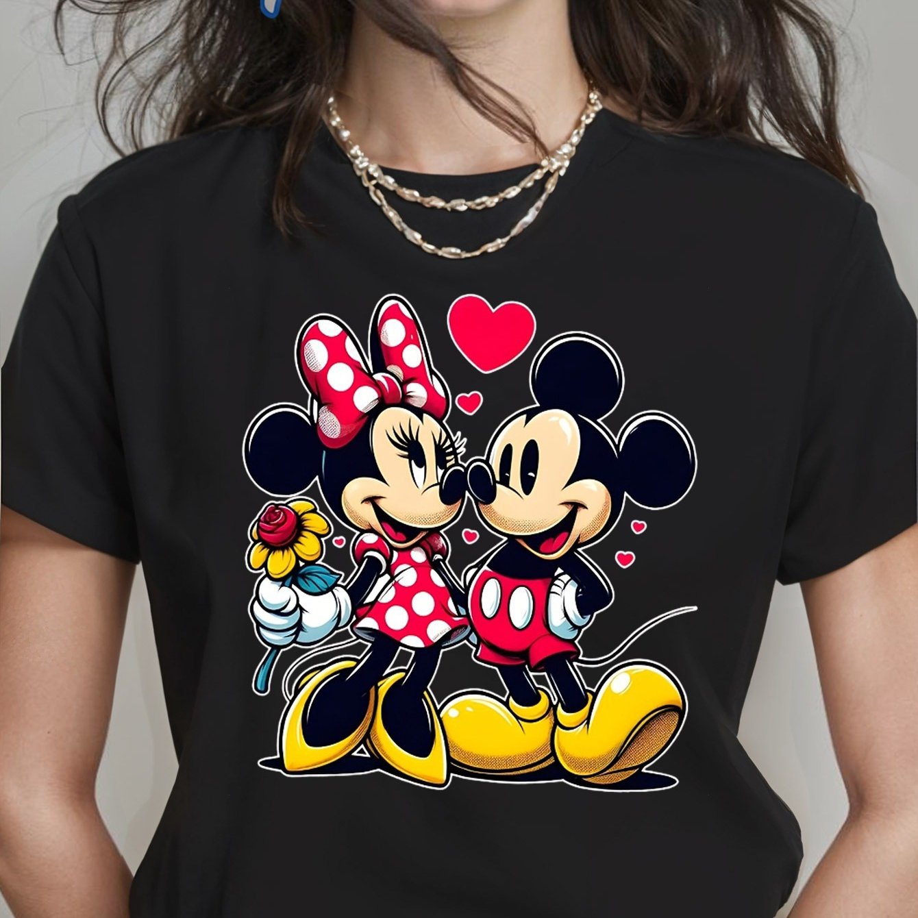Disney Licensed Minnie & Mickey Mouse Love Print Women's T-Shirt - 100% Cotton Soft Breathable Crew Neck Tee with Heart & Rose Design, Cute Casual Summer Top for Daily Wear & Workouts, Sizes S-XXL, Disney Shirts