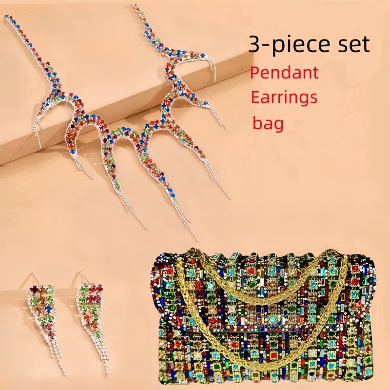 4pcs Of Luxurious Ladies' Dinner Clutch Bag with Jewelry, 1 Set Of Sparkling Wedding Party Ball Banquet Clutch Bag, - Elegant Multi-color PU Handbag with Adjustable Shoulder Strap, Ladies' Necklace And Earrings