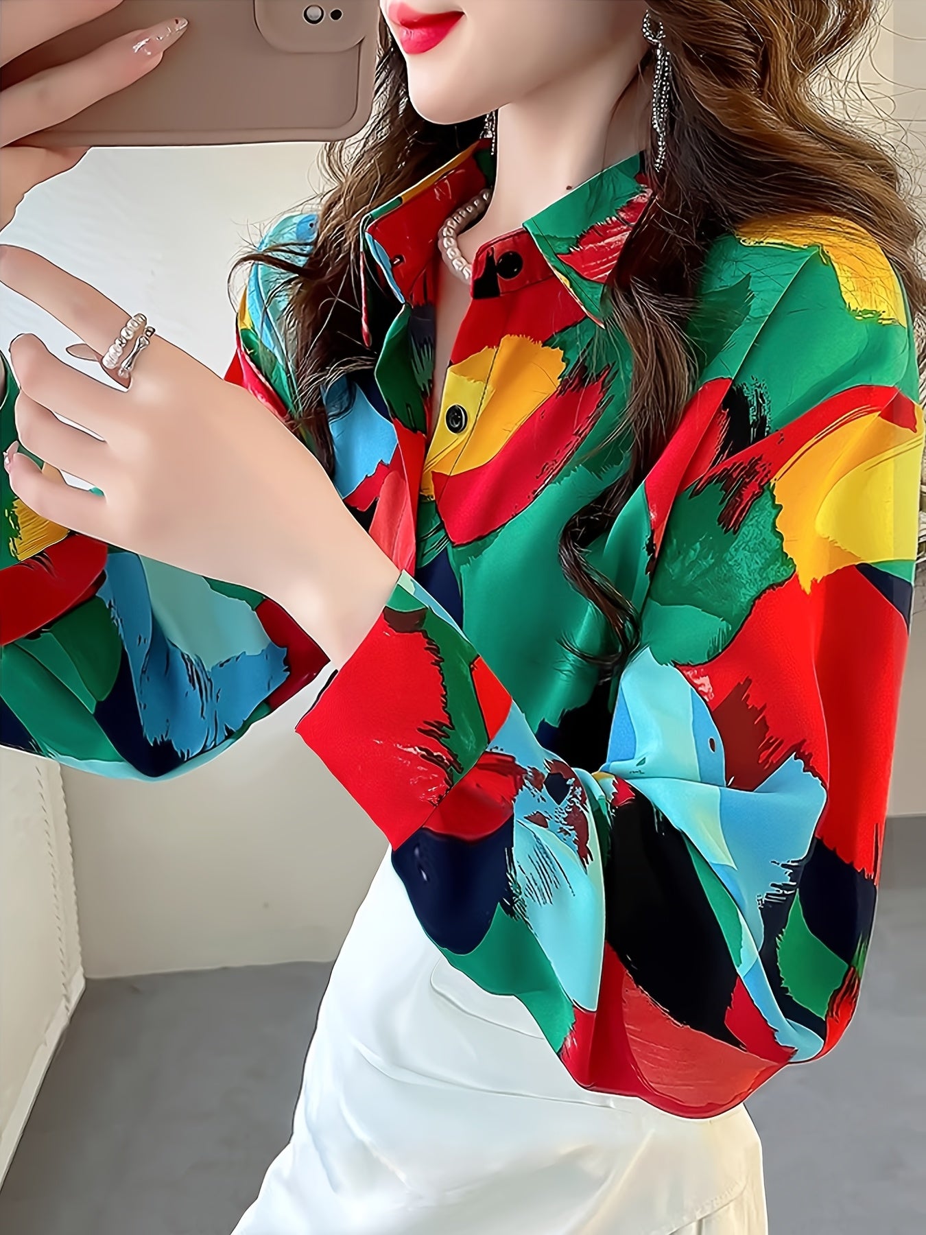 Women's Geometric Print Collar Blouse - Long Sleeve Button-Up Shirt with Vibrant Color Block Design, Fit & Machine Washable for Spring/Fall Casual & Formal Wear, Elegant Fashion Top, Sophisticated Pattern