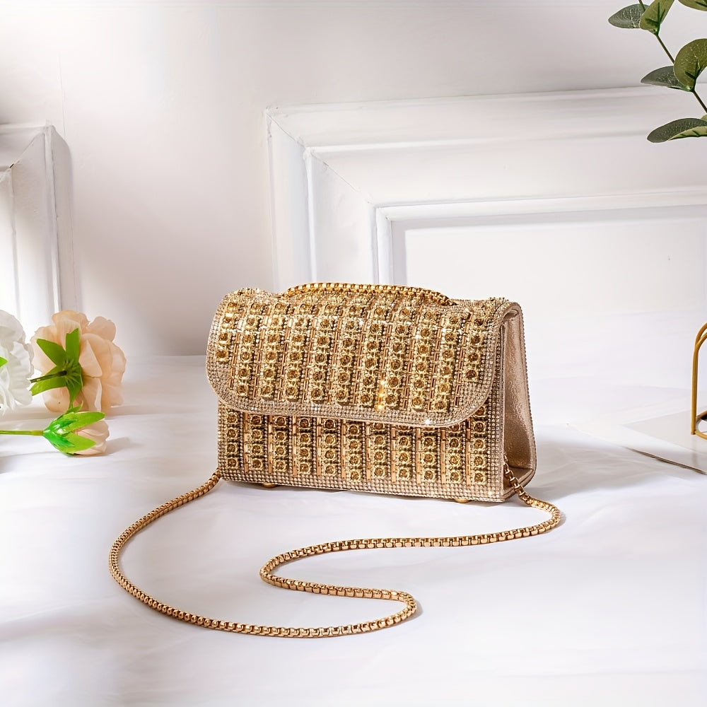 Double-Sided Water Drill Ladies' Evening Clutch - Luxurious Chain, Shiny Handbag Wallet, Stylish Shoulder Bag for Parties, Weddings