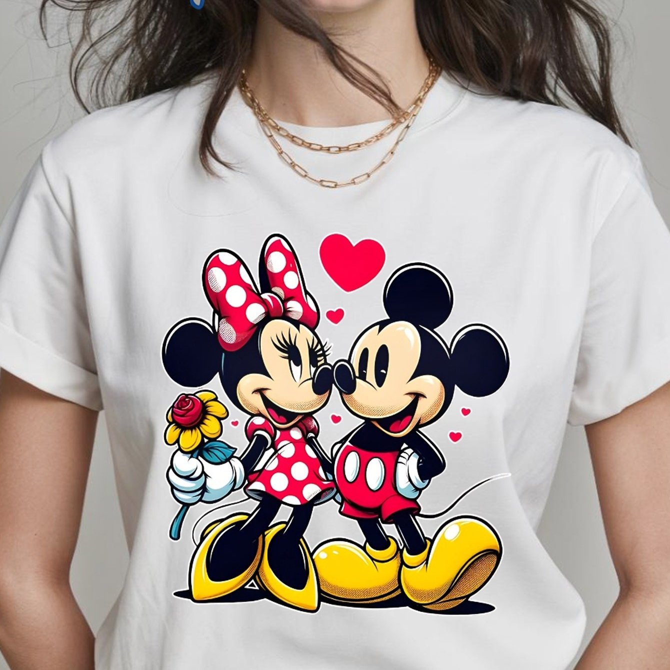 Disney Licensed Minnie & Mickey Mouse Love Print Women's T-Shirt - 100% Cotton Soft Breathable Crew Neck Tee with Heart & Rose Design, Cute Casual Summer Top for Daily Wear & Workouts, Sizes S-XXL, Disney Shirts