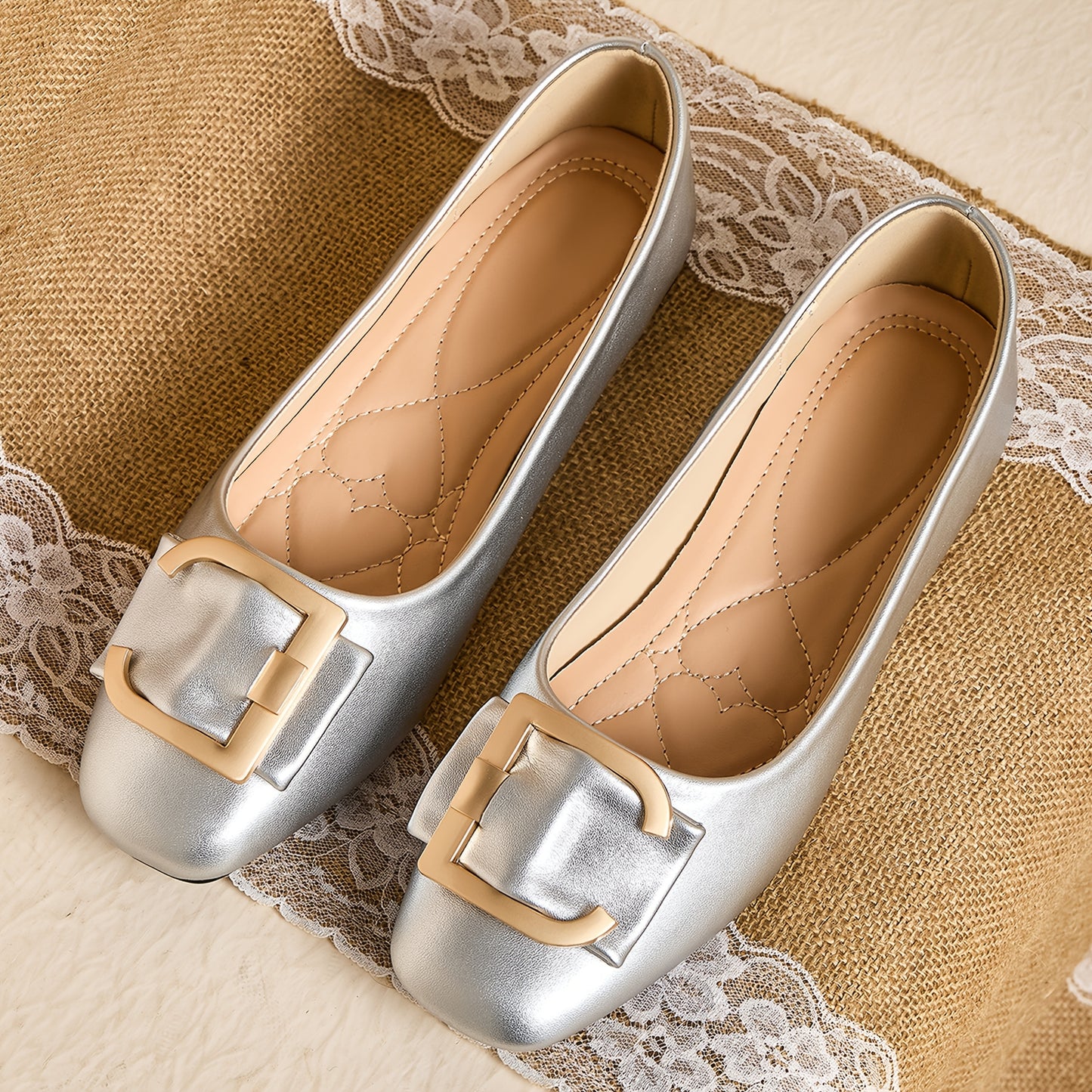 Women's Elegant Square Toe Flats - Summer 2025 Collection, Breathable Faux Cover Slip-On Shoes with Golden Buckle Detail and Soft Rubber Sole