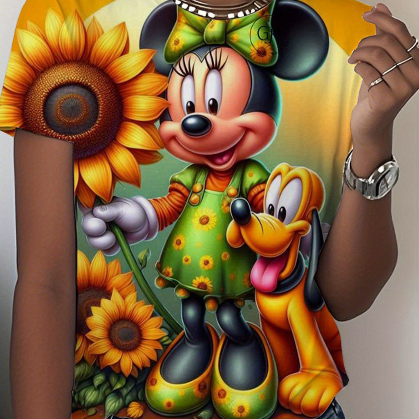 Disney Minnie Mouse and Pluto T-Shirt in Polyester Fabric with Sunflower Print and Green Polka Dot Dress Design, Perfect for Casual Wear and Disney Theme
